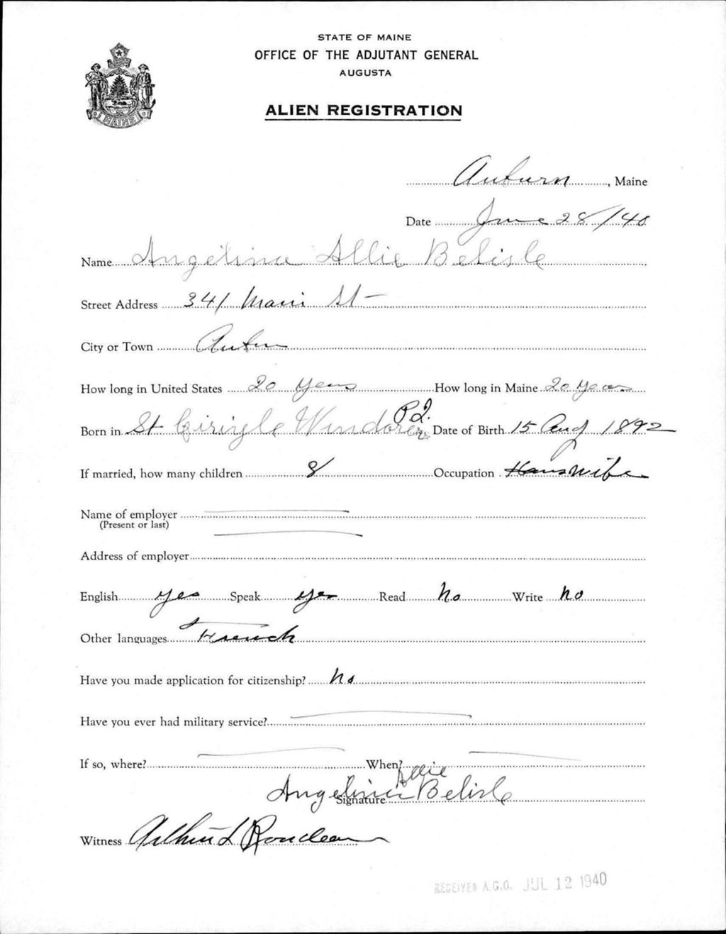 Miniature of Alien Registration- Belisle, Angelina A. (Auburn, Androscoggin County)