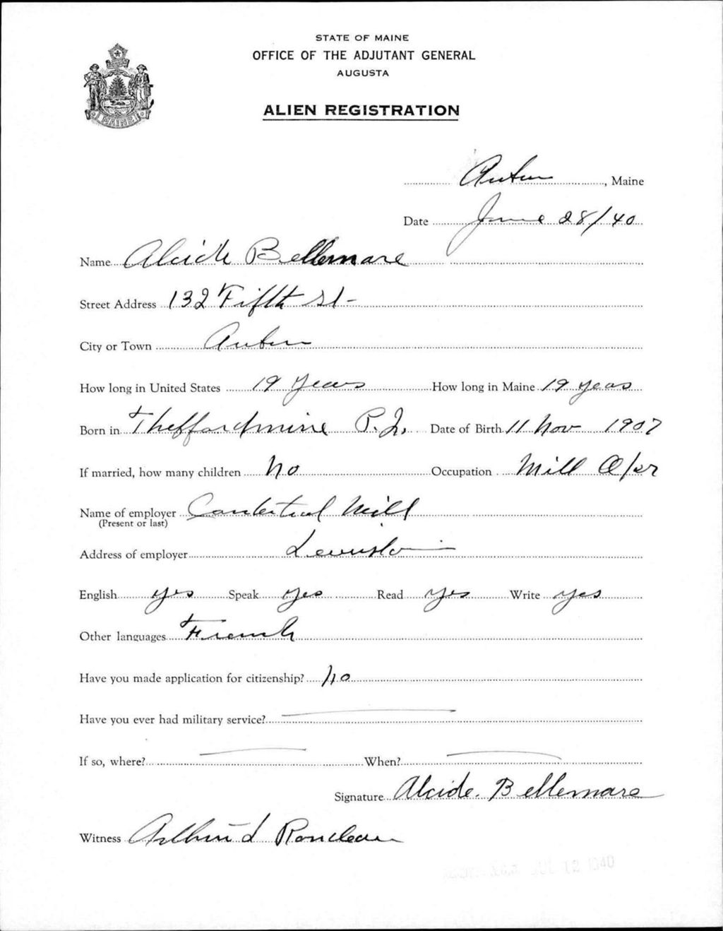 Miniature of Alien Registration- Bellemore, Alcide (Auburn, Androscoggin County)