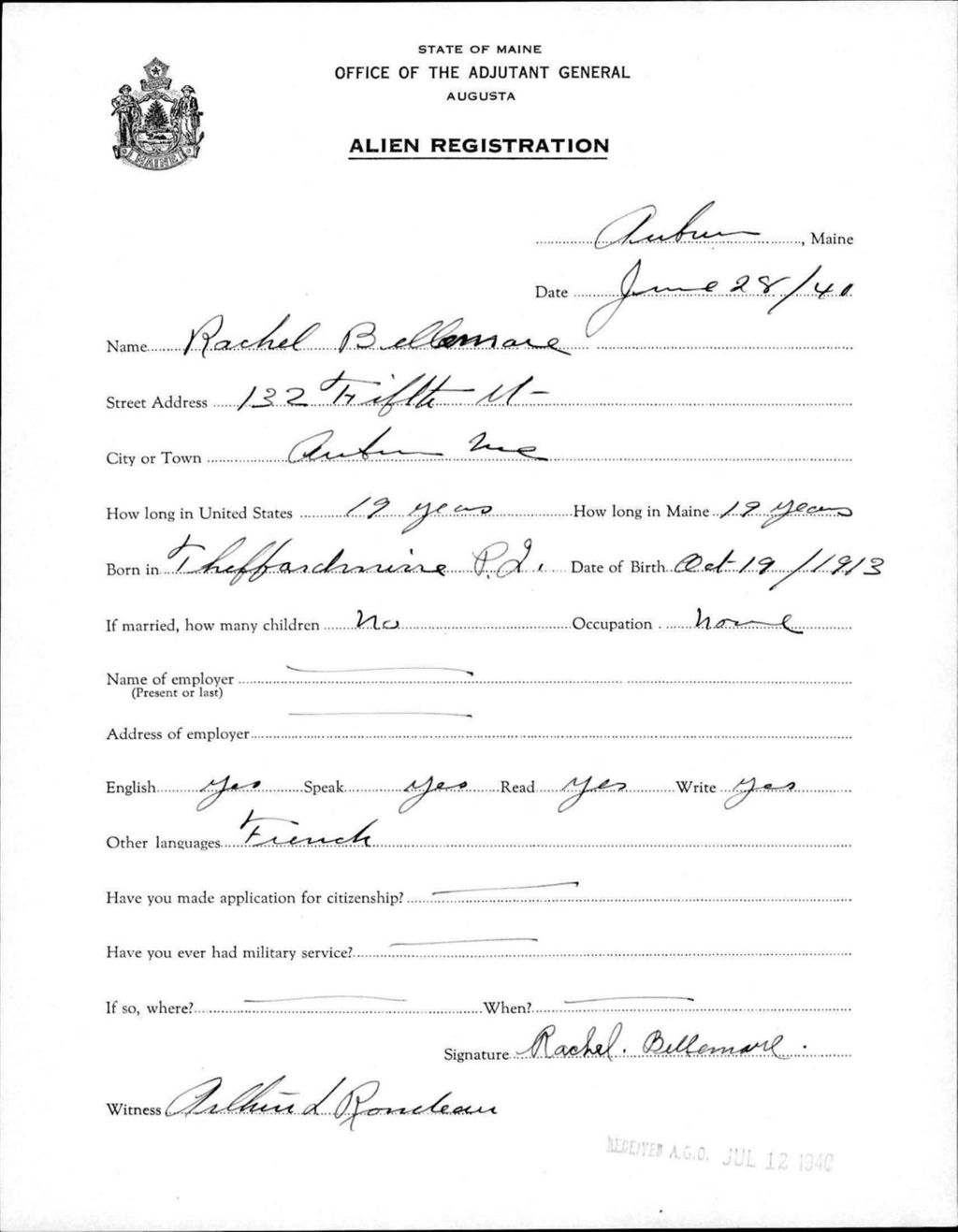 Miniature of Alien Registration- Bellemore, Rachel (Auburn, Androscoggin County)