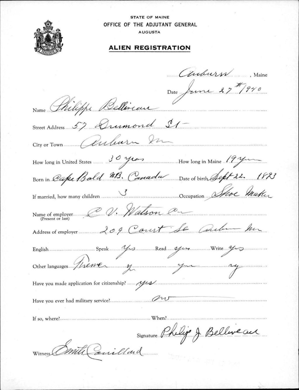 Miniature of Alien Registration- Belliveau, Philippi (Auburn, Androscoggin County)
