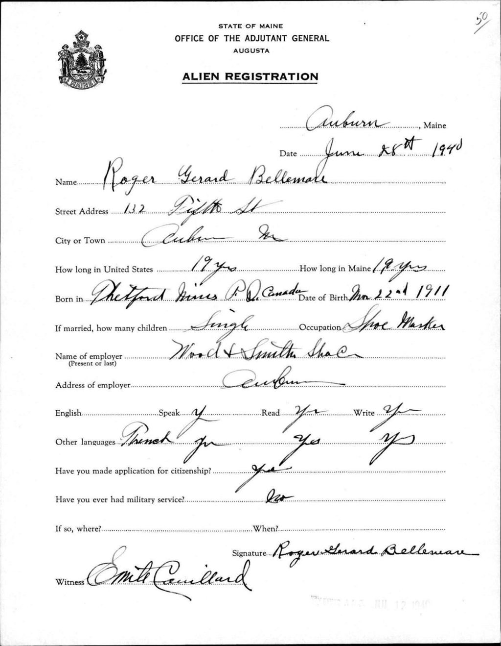 Miniature of Alien Registration- Bellemore, Roger G. (Auburn, Androscoggin County)