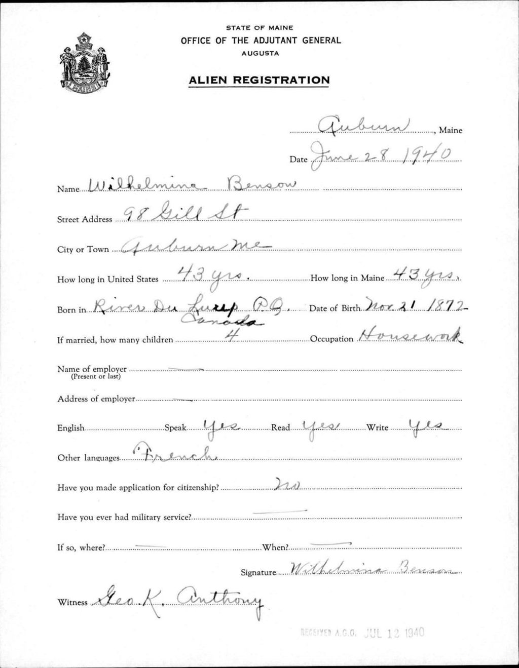 Miniature of Alien Registration- Benson, Wilhelmina (Auburn, Androscoggin County)