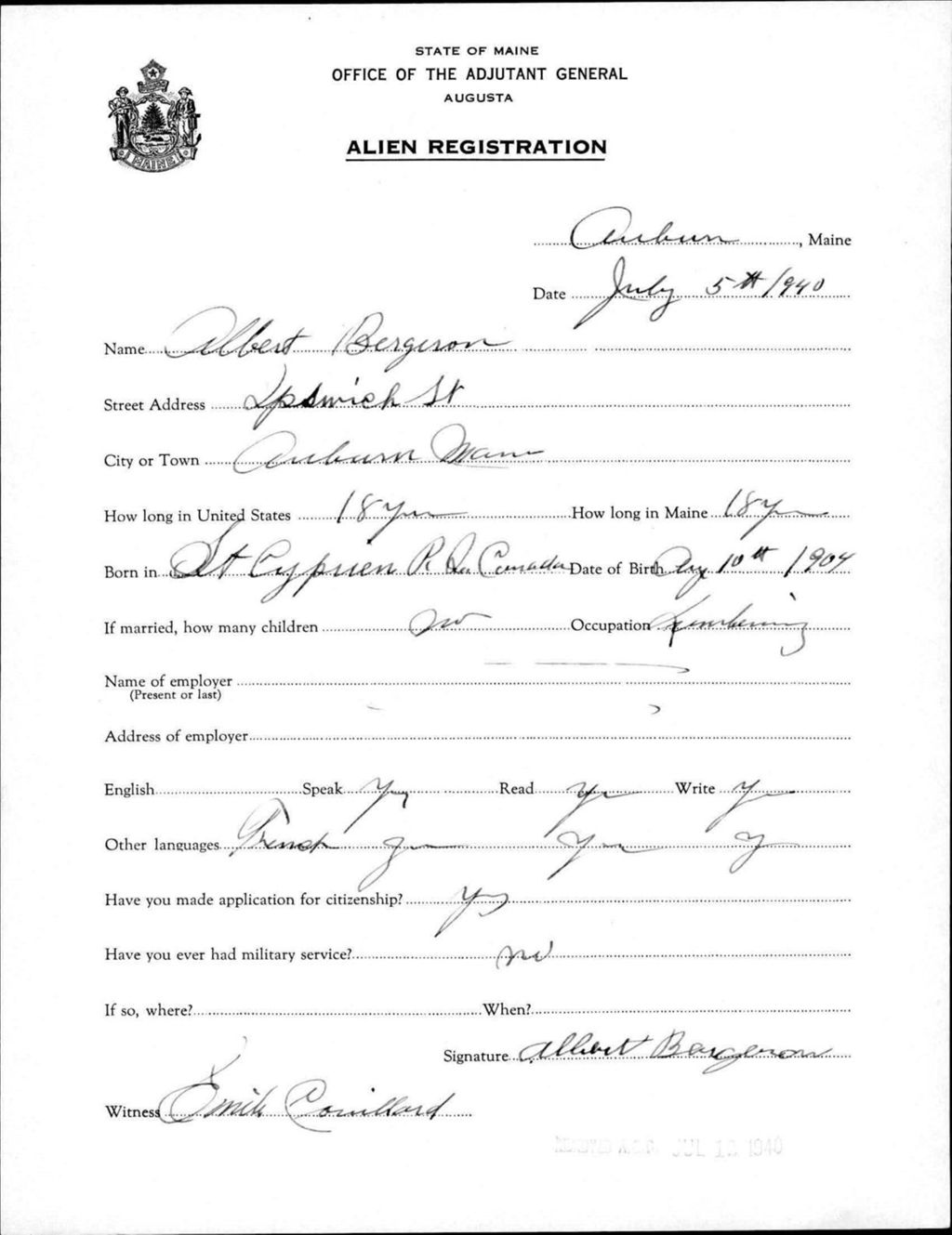 Miniature of Alien Registration- Bergerson, Albert (Auburn, Androscoggin County)