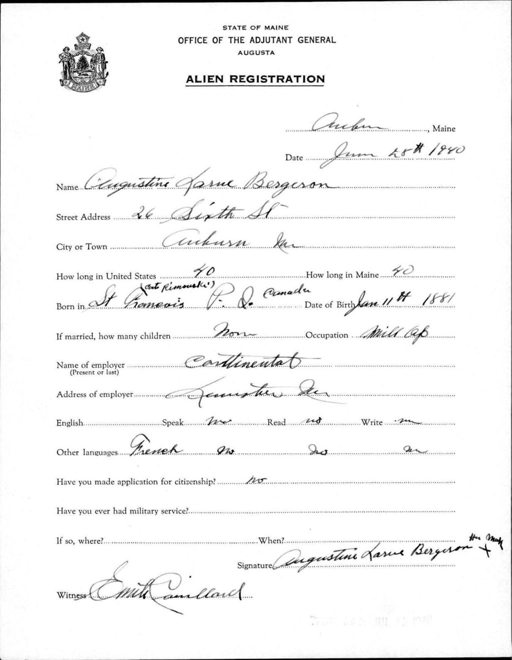 Miniature of Alien Registration- Bergerson, Augustine L. (Auburn, Androscoggin County)