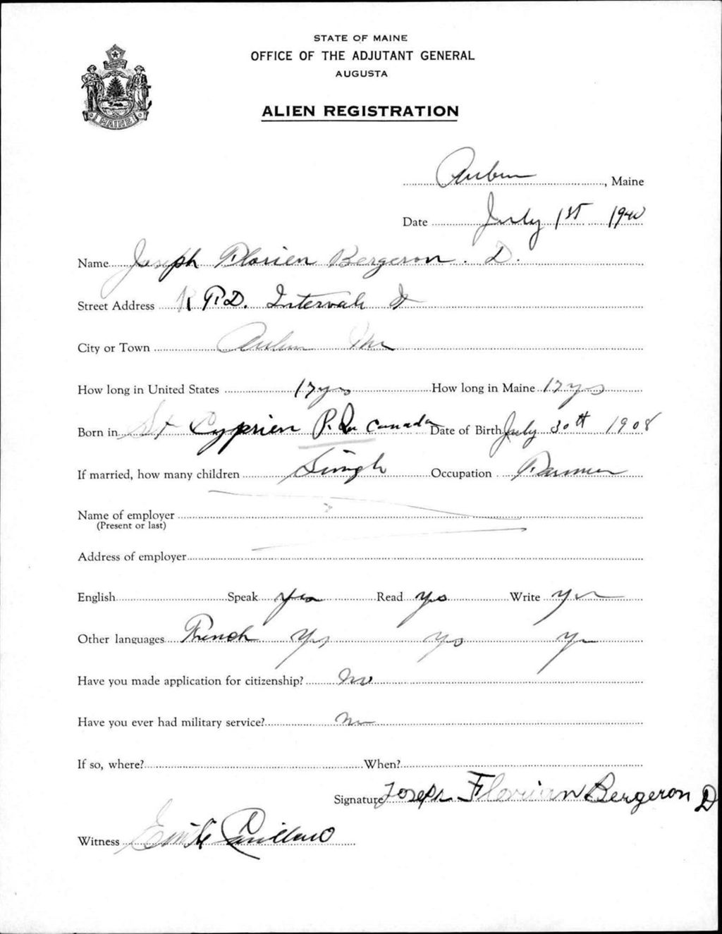 Miniature of Alien Registration- Bergeron, Joseph F. (Auburn, Androscoggin County)