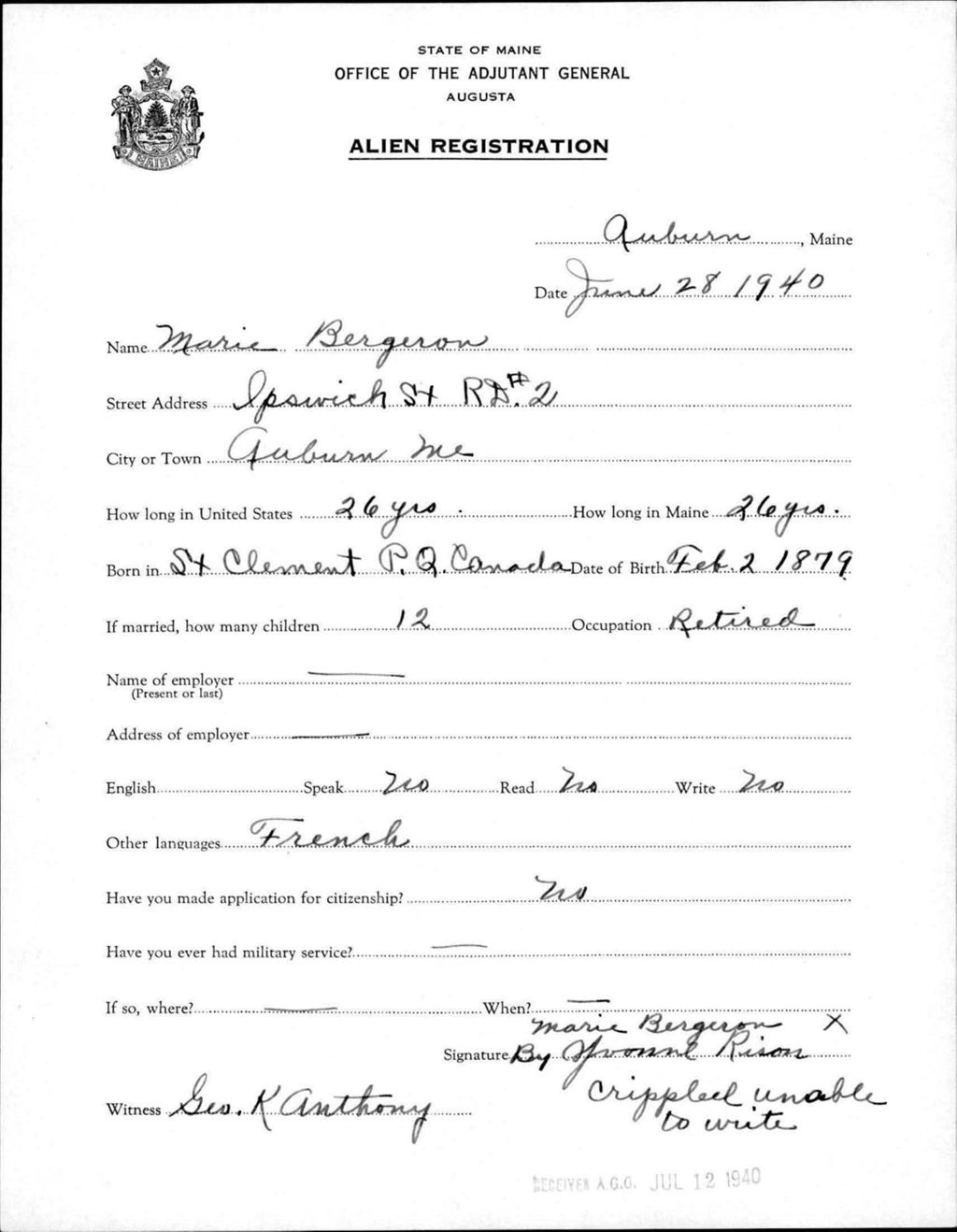 Miniature of Alien Registration- Bergeron, Marie (Auburn, Androscoggin County)