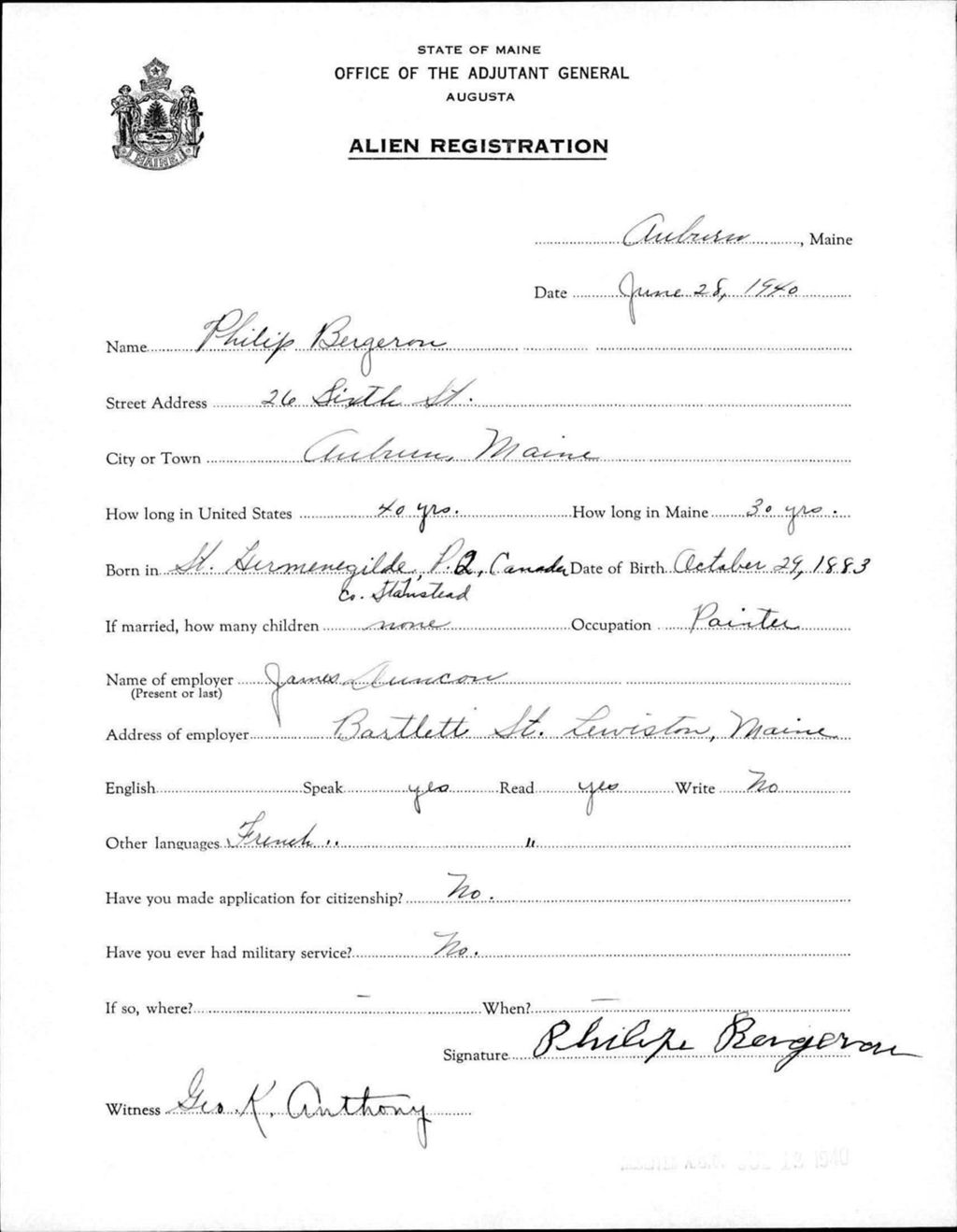 Miniature of Alien Registration- Bergeron, Philip (Auburn, Androscoggin County)