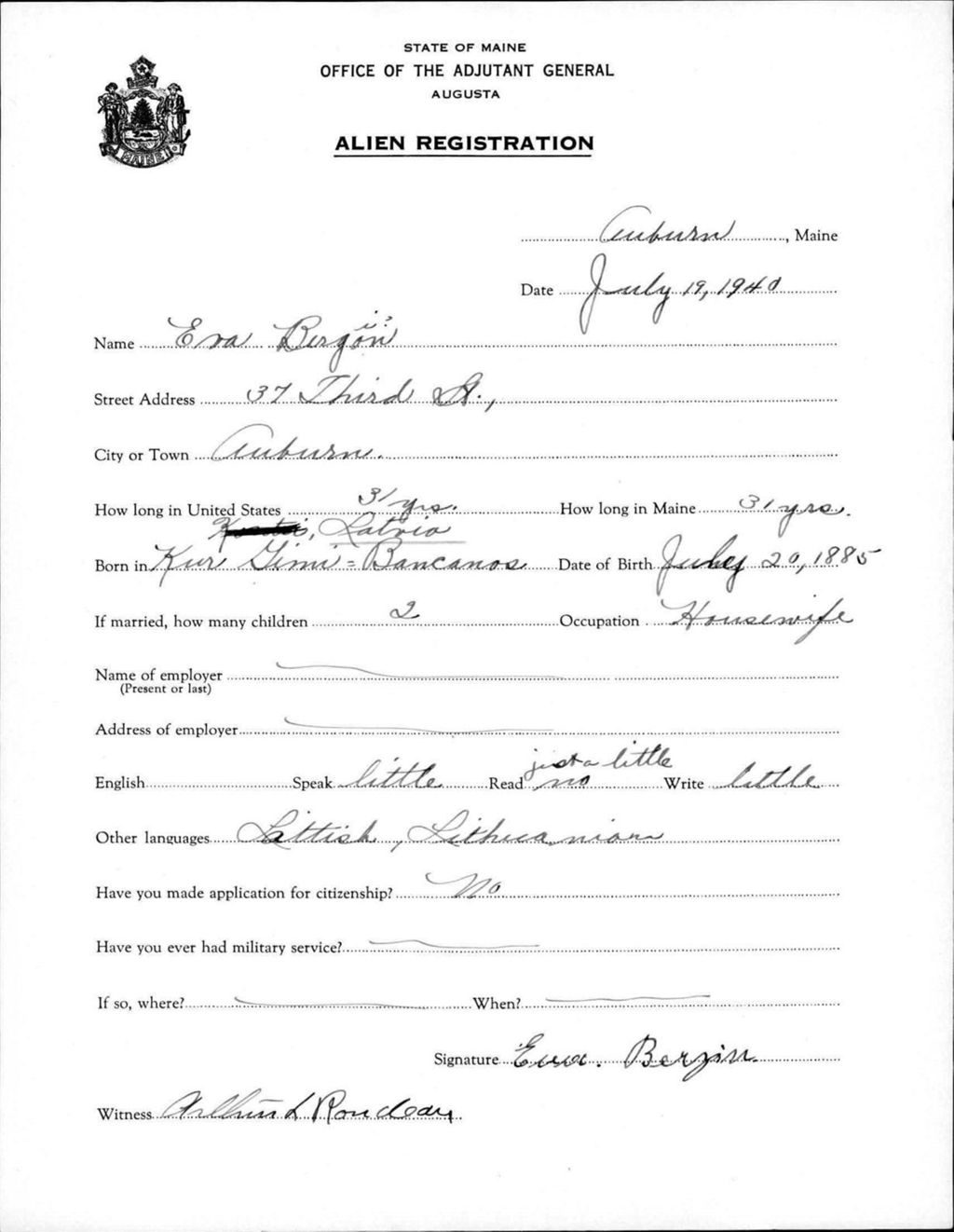 Miniature of Alien Registration- Bergoin, Eva (Auburn, Androscoggin County)