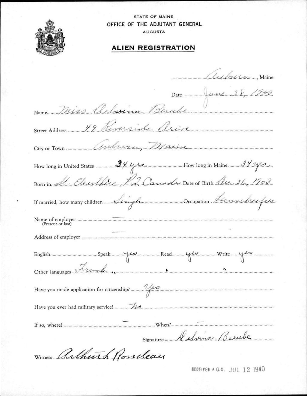Miniature of Alien Registration- Berube, Delvina (Auburn, Androscoggin County)