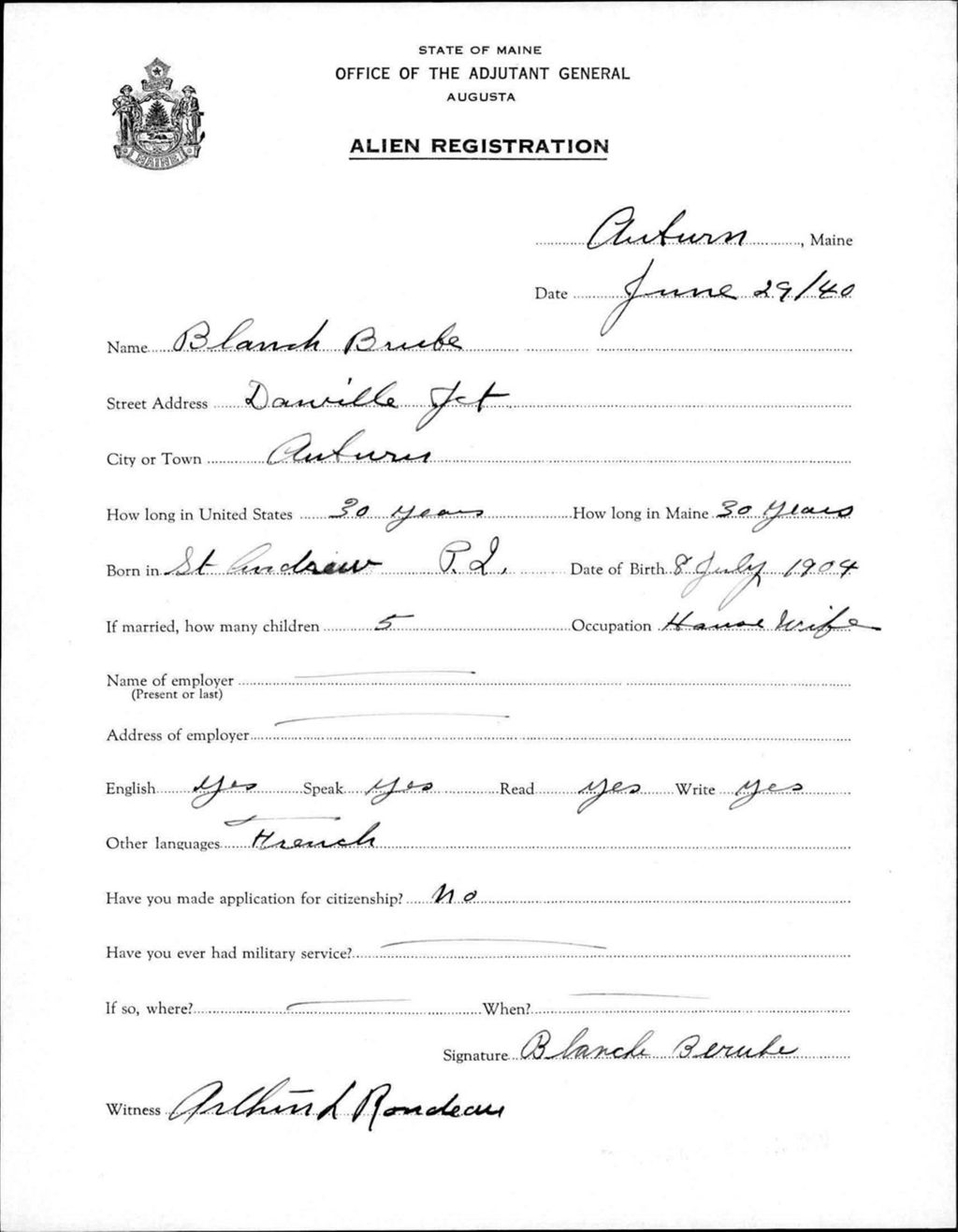 Miniature of Alien Registration- Berube, Blanche (Auburn, Androscoggin County)