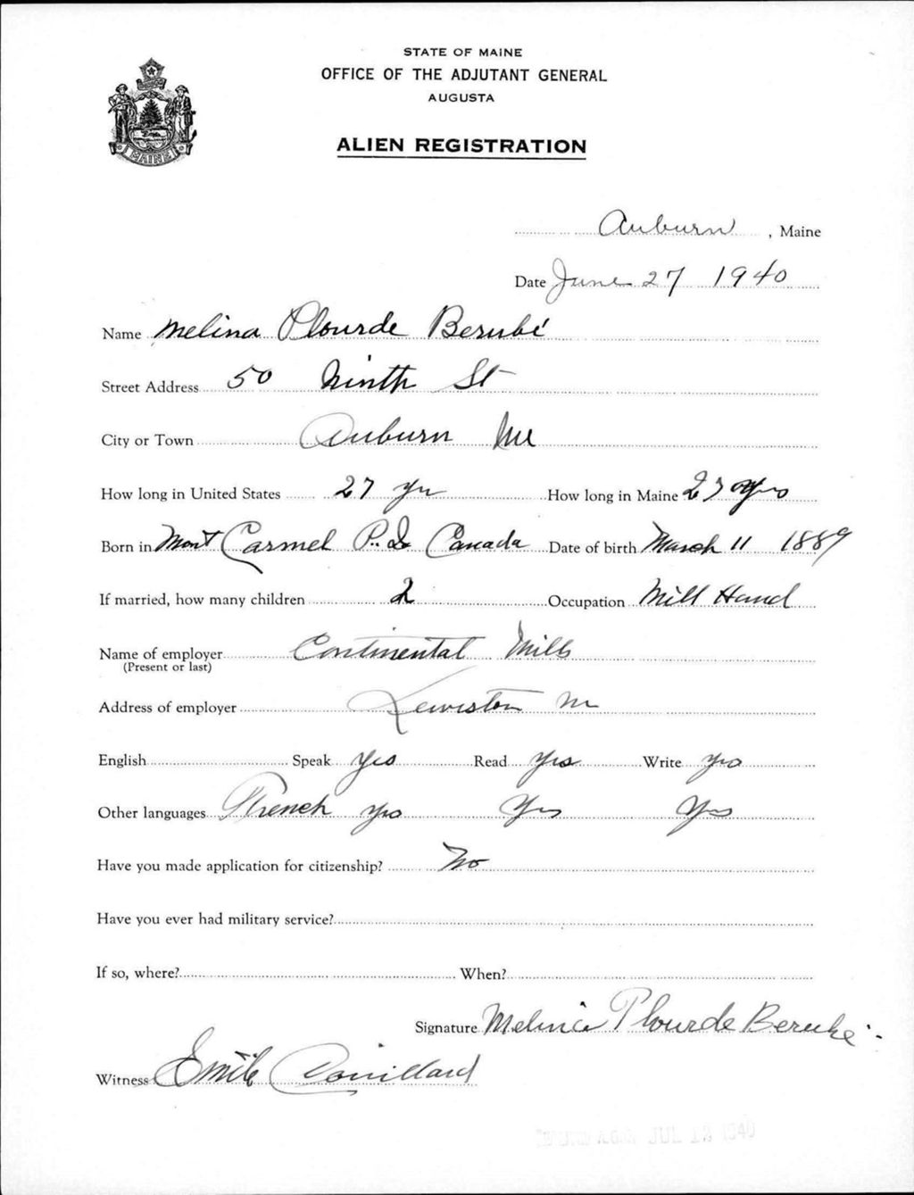 Miniature of Alien Registration- Plourde, Melina (Auburn, Androscoggin County)