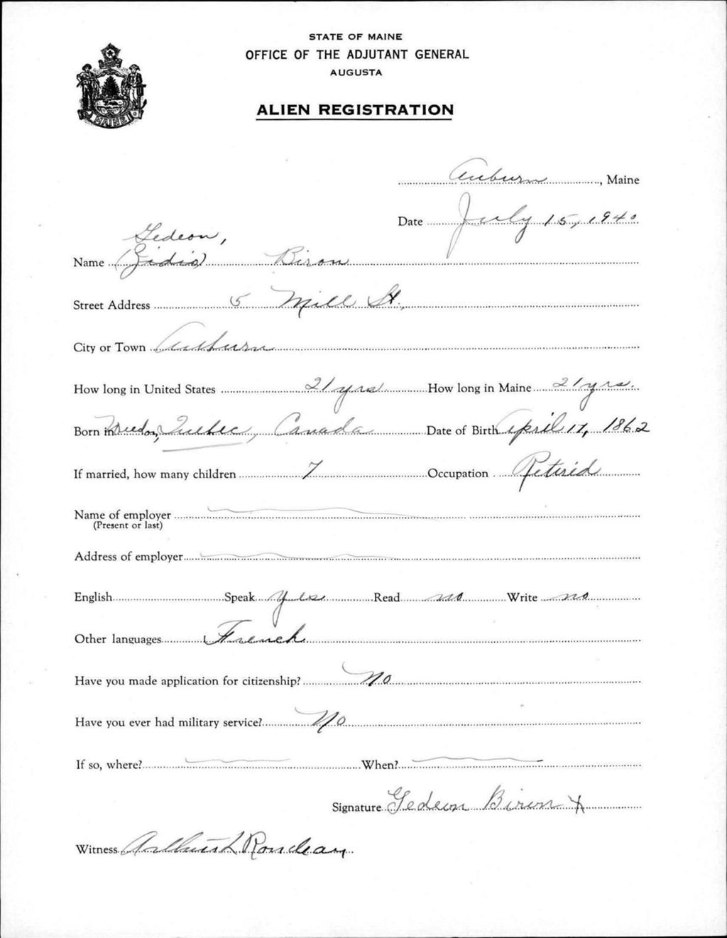 Miniature of Alien Registration- Biron, Gedeon (Auburn, Androscoggin County)