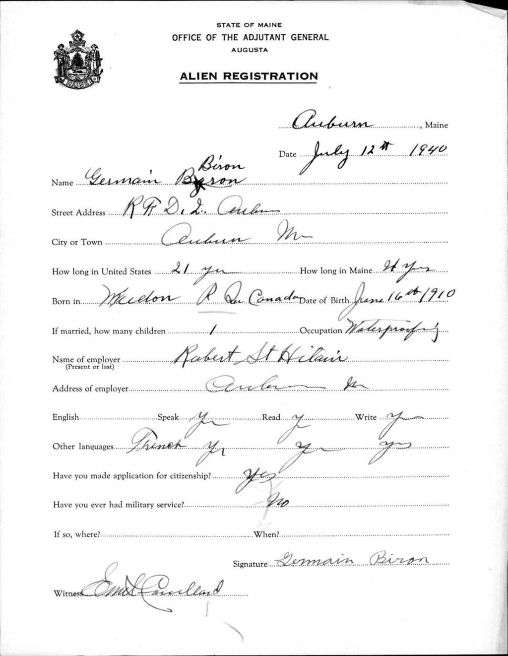 Miniature of Alien Registration- Biron, Germain (Auburn, Androscoggin County)