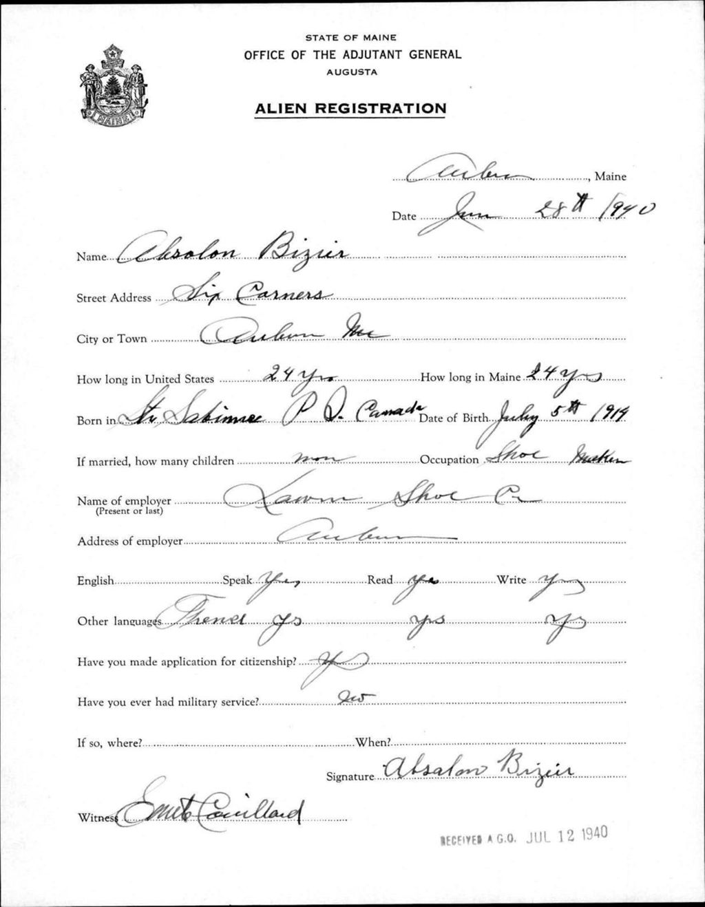 Miniature of Alien Registration- Bizier, Absalon (Auburn, Androscoggin County)