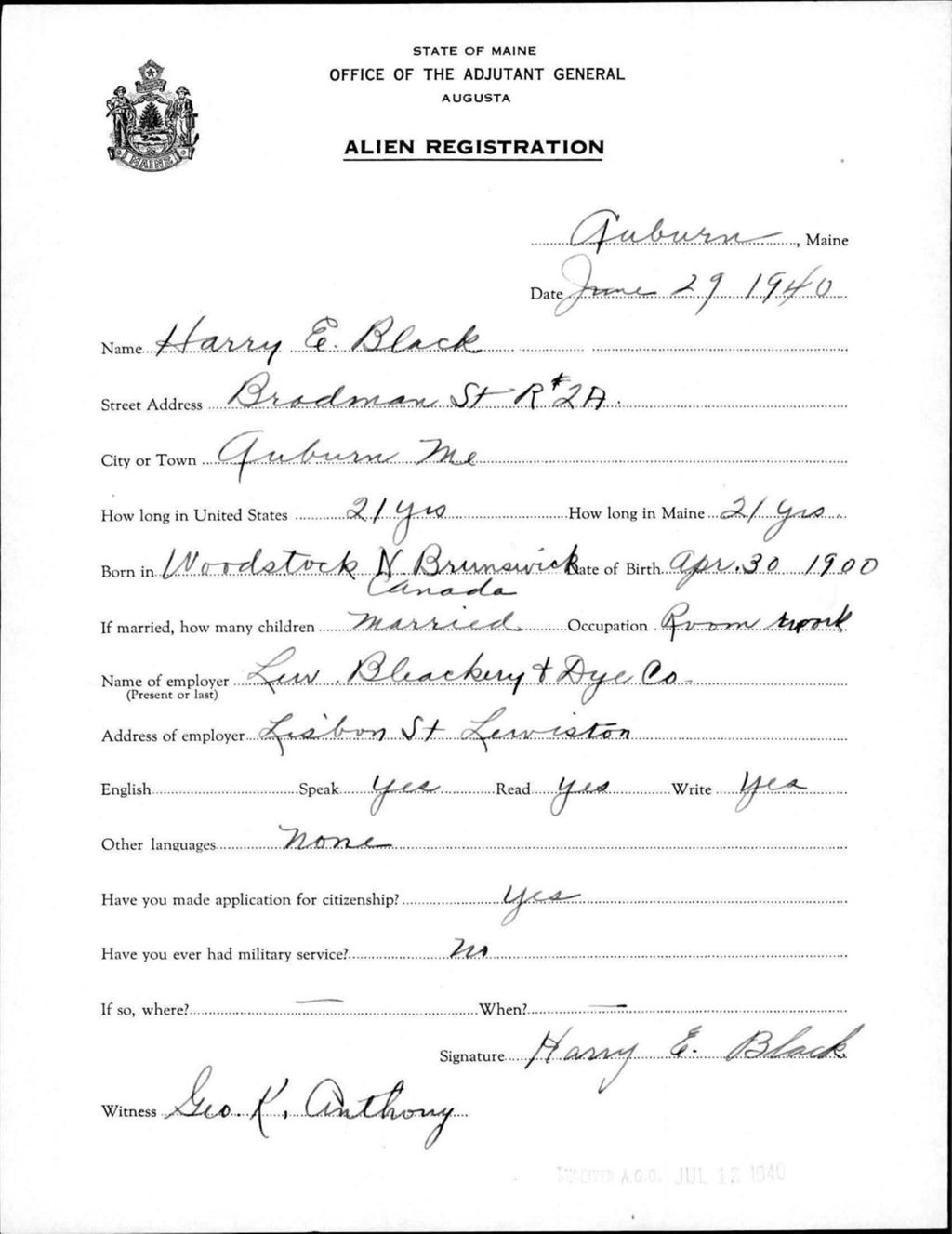 Miniature of Alien Registration- Black, Harry E. (Auburn, Androscoggin County)