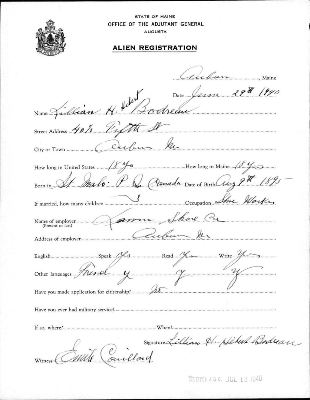 Miniature of Alien Registration- Hebert, Lillian H. (Auburn, Androscoggin County)