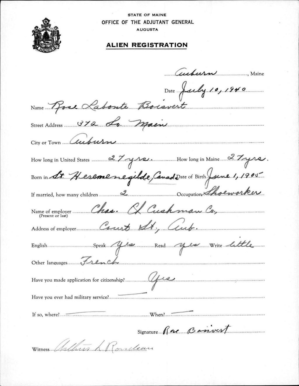 Miniature of Alien Registration- Labonte, Rose (Auburn, Androscoggin County)
