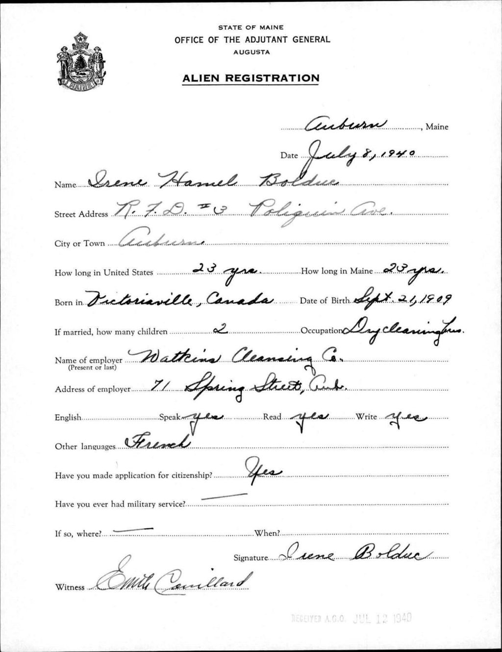 Miniature of Alien Registration- Hamel, Irene (Auburn, Androscoggin County)