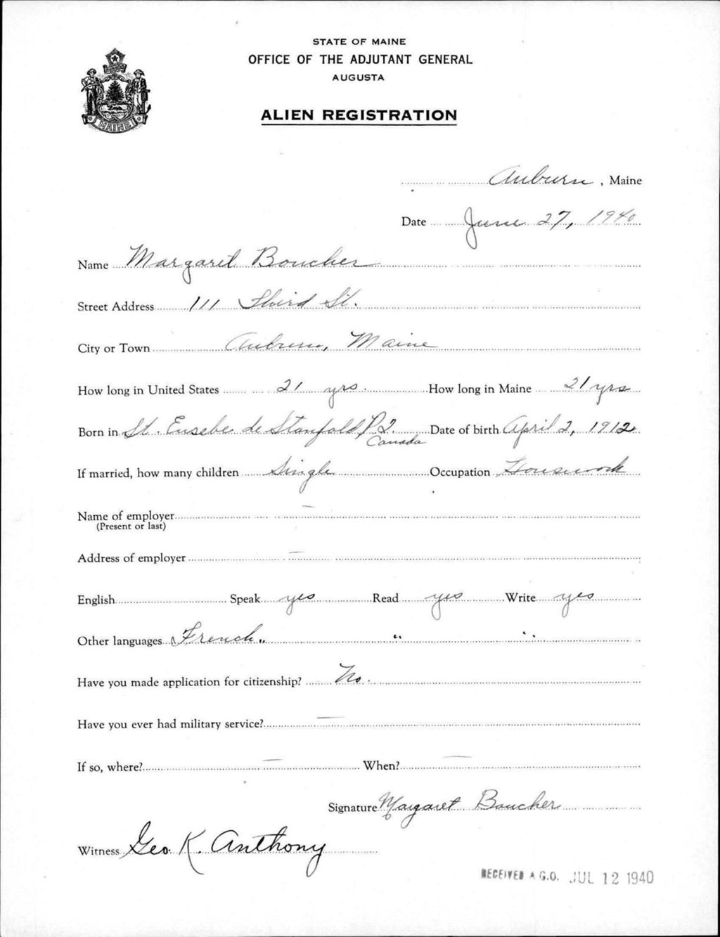Miniature of Alien Registration- Boucher, Margaret (Auburn, Androscoggin County)