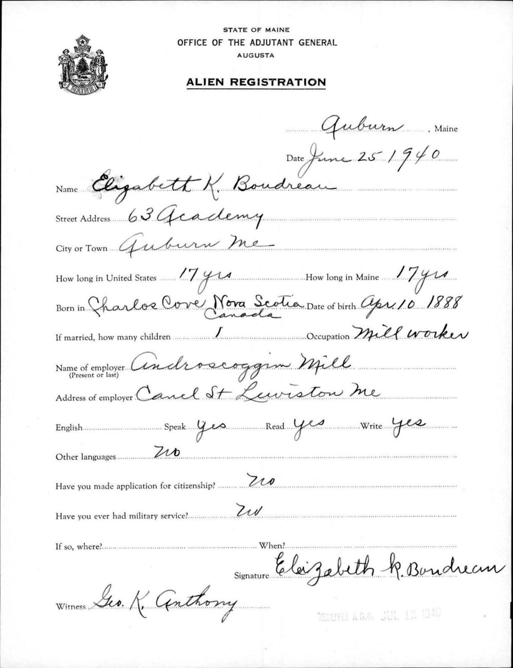 Miniature of Alien Registration- Boudreau, Elizabeth K. (Auburn, Androscoggin County)