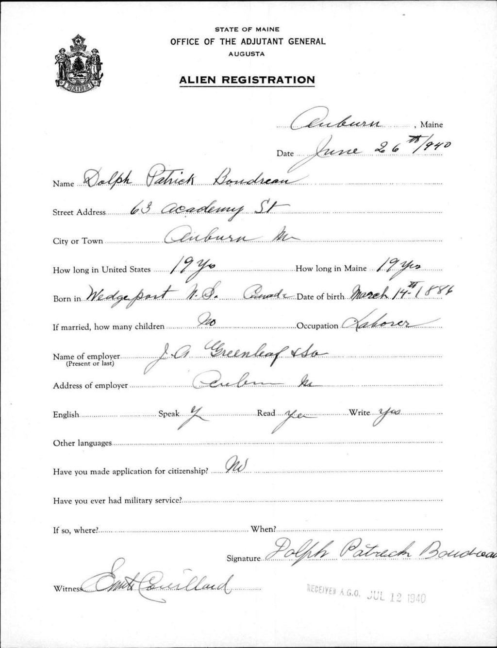 Miniature of Alien Registration- Boudreau, Dolph P. (Auburn, Androscoggin County)