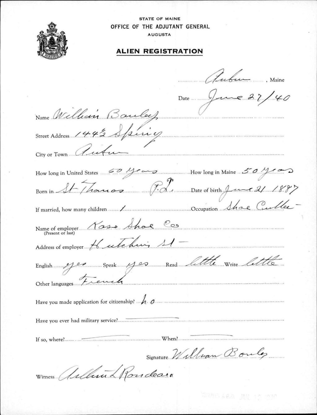 Miniature of Alien Registration- Bouley, William (Auburn, Androscoggin County)