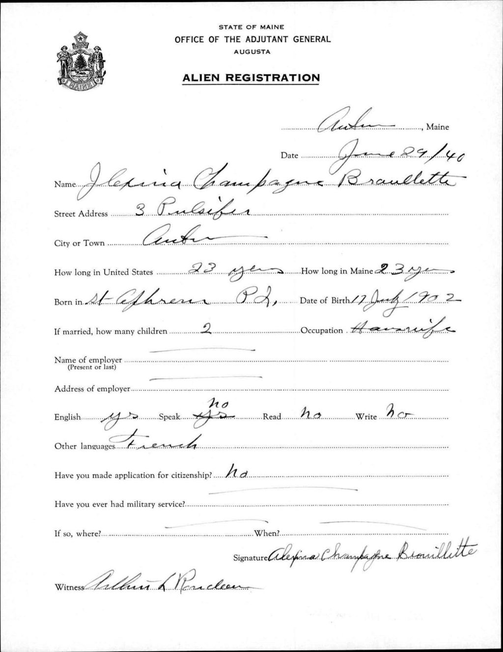 Miniature of Alien Registration- Champagne, Alexina (Auburn, Androscoggin County)