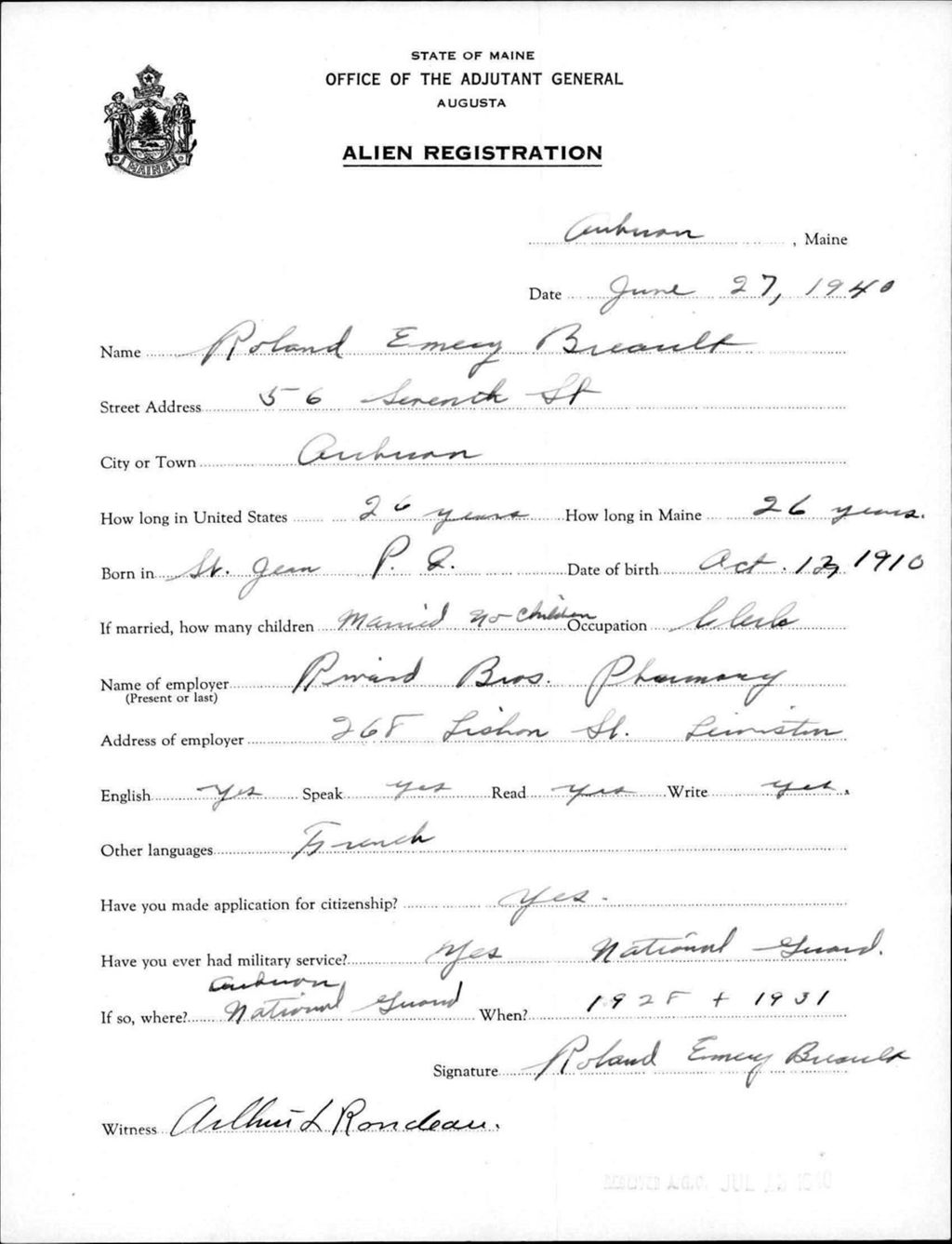 Miniature of Alien Registration- Breault, Roland E. (Auburn, Androscoggin County)