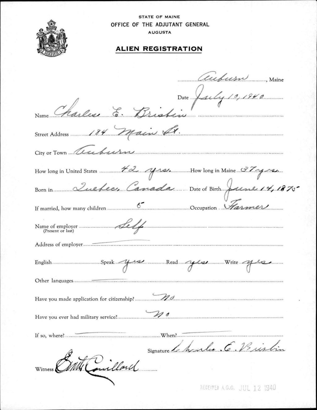 Miniature of Alien Registration- Brisbin, Charles E. (Auburn, Androscoggin County)