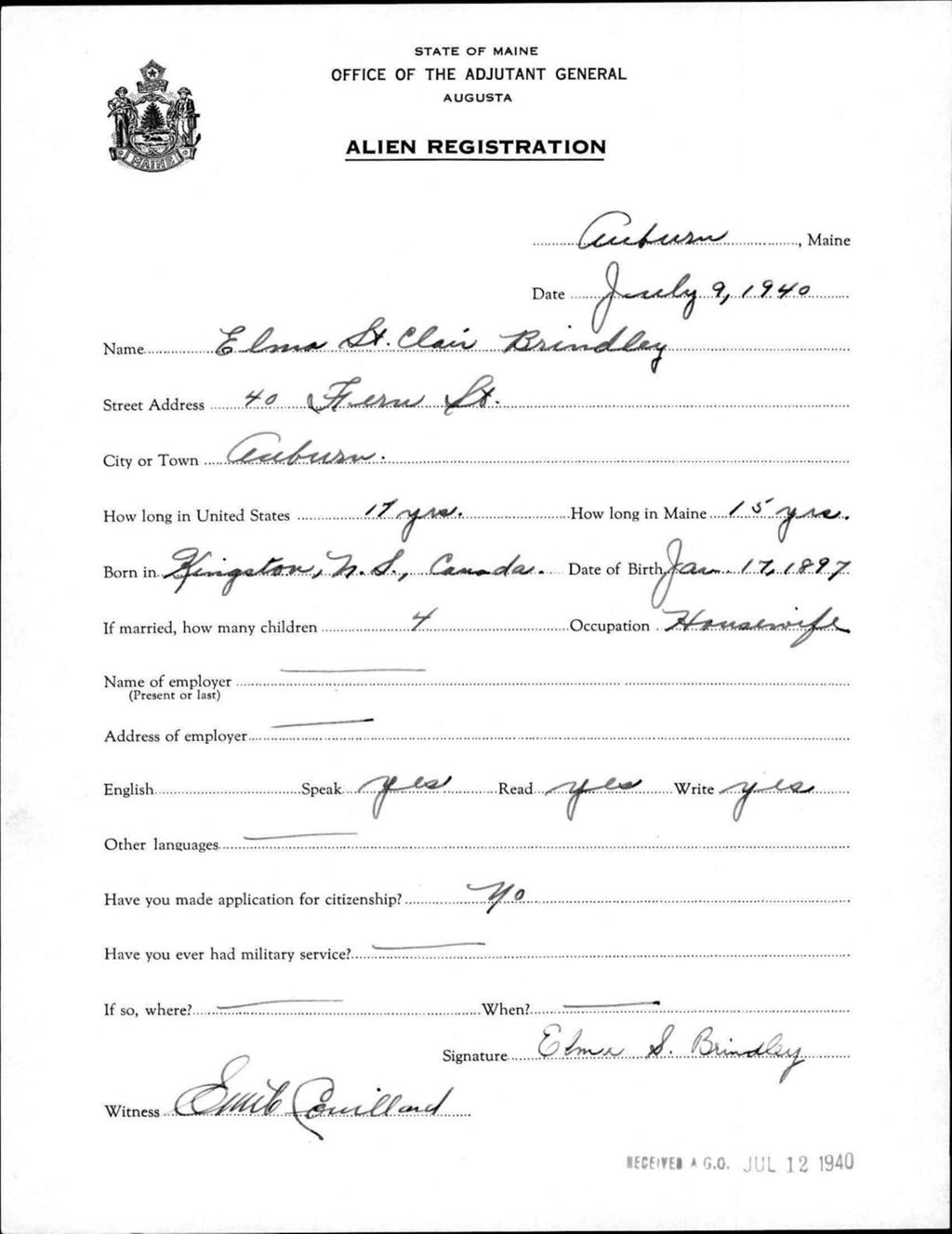 Miniature of Alien Registration- St Clair, Elma (Auburn, Androscoggin County)