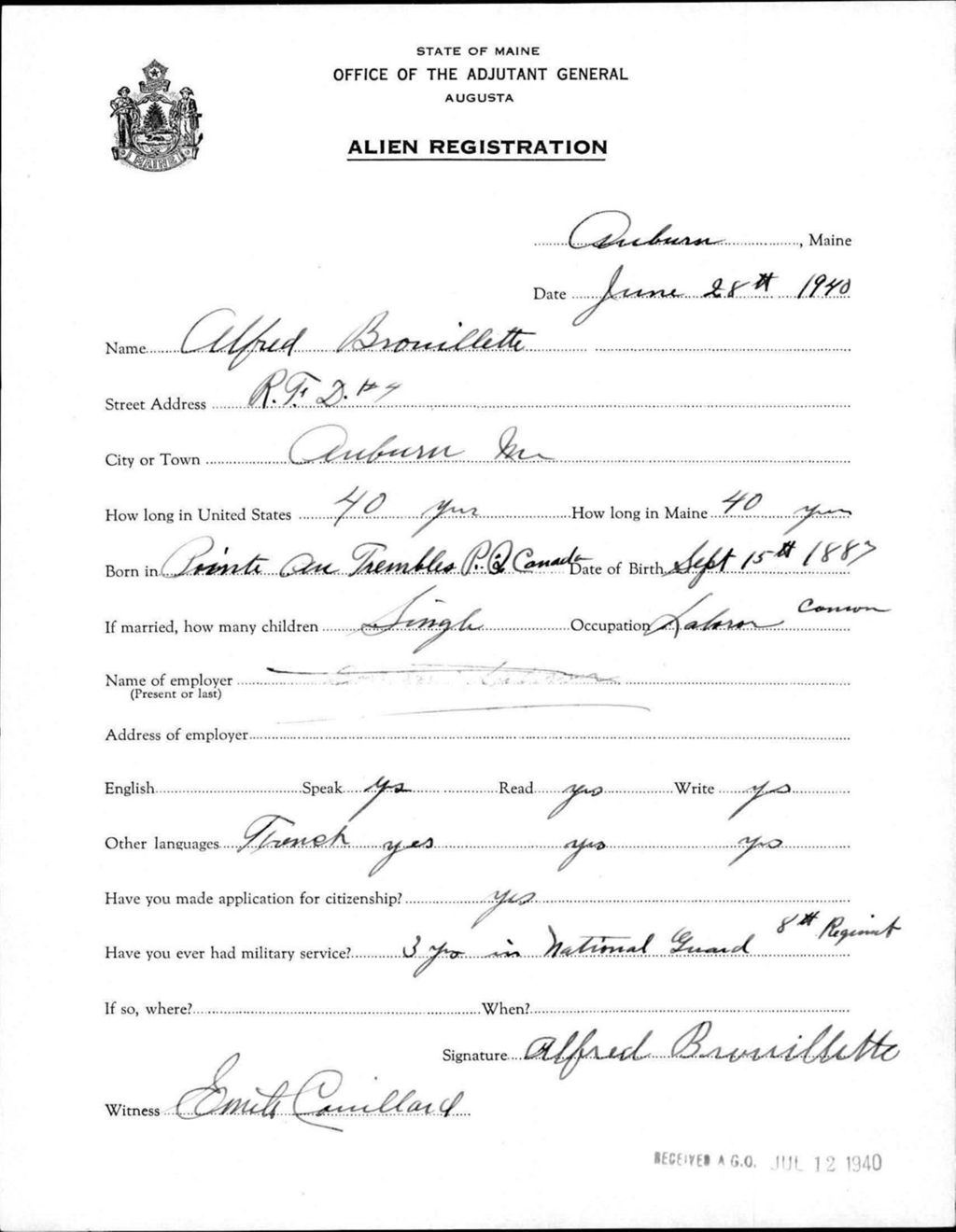 Miniature of Alien Registration- Brouillette, Alfred (Auburn, Androscoggin County)