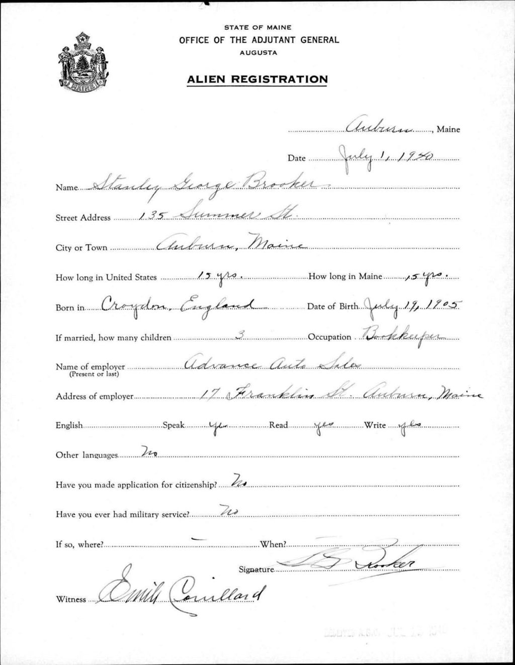 Miniature of Alien Registration- Brooker, Stanley G. (Auburn, Androscoggin County)