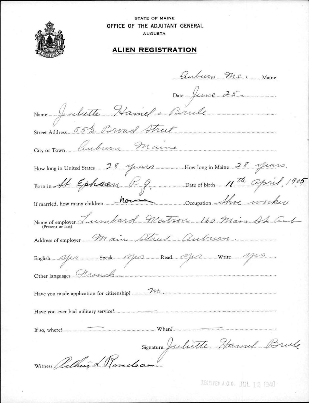 Miniature of Alien Registration- Hamel, Juliette (Auburn, Androscoggin County)