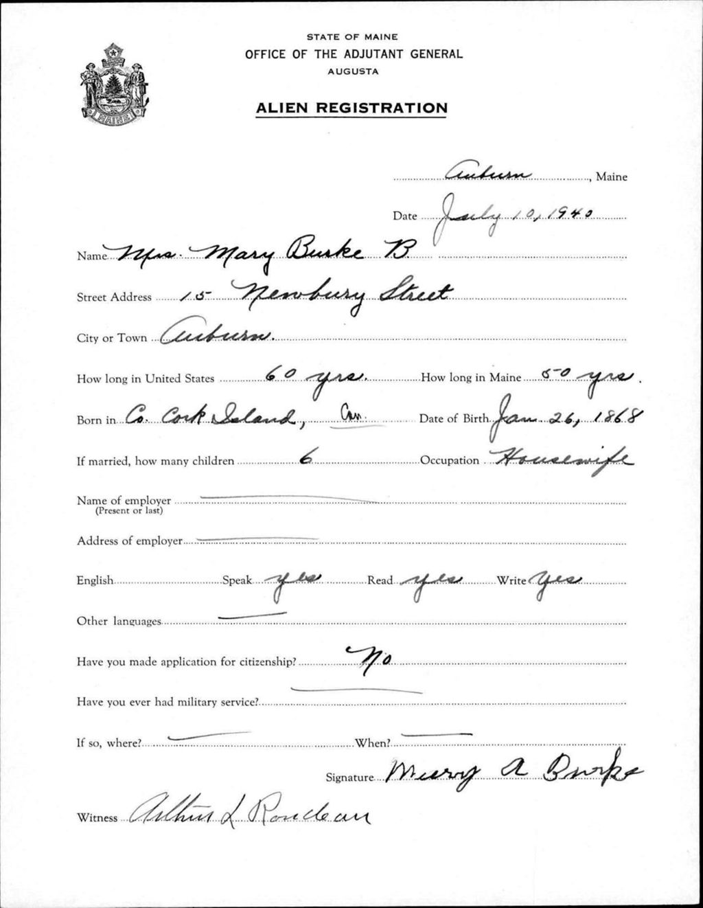 Miniature of Alien Registration- Burke, Mary A. (Auburn, Androscoggin County)