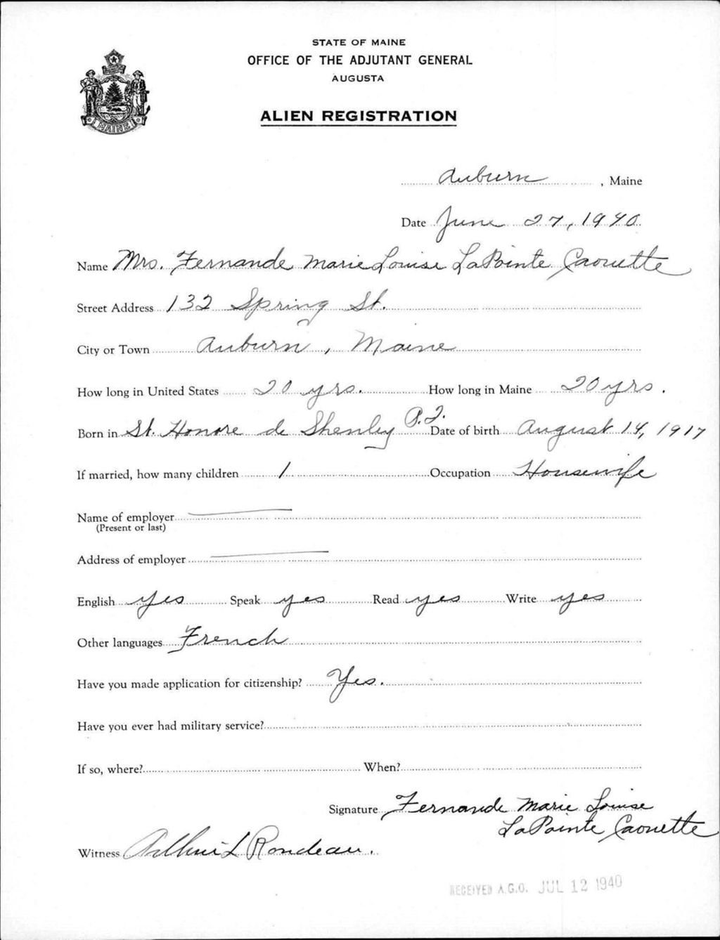 Miniature of Alien Registration- Lapointe, Fernande Marie L. (Auburn, Androscoggin County)