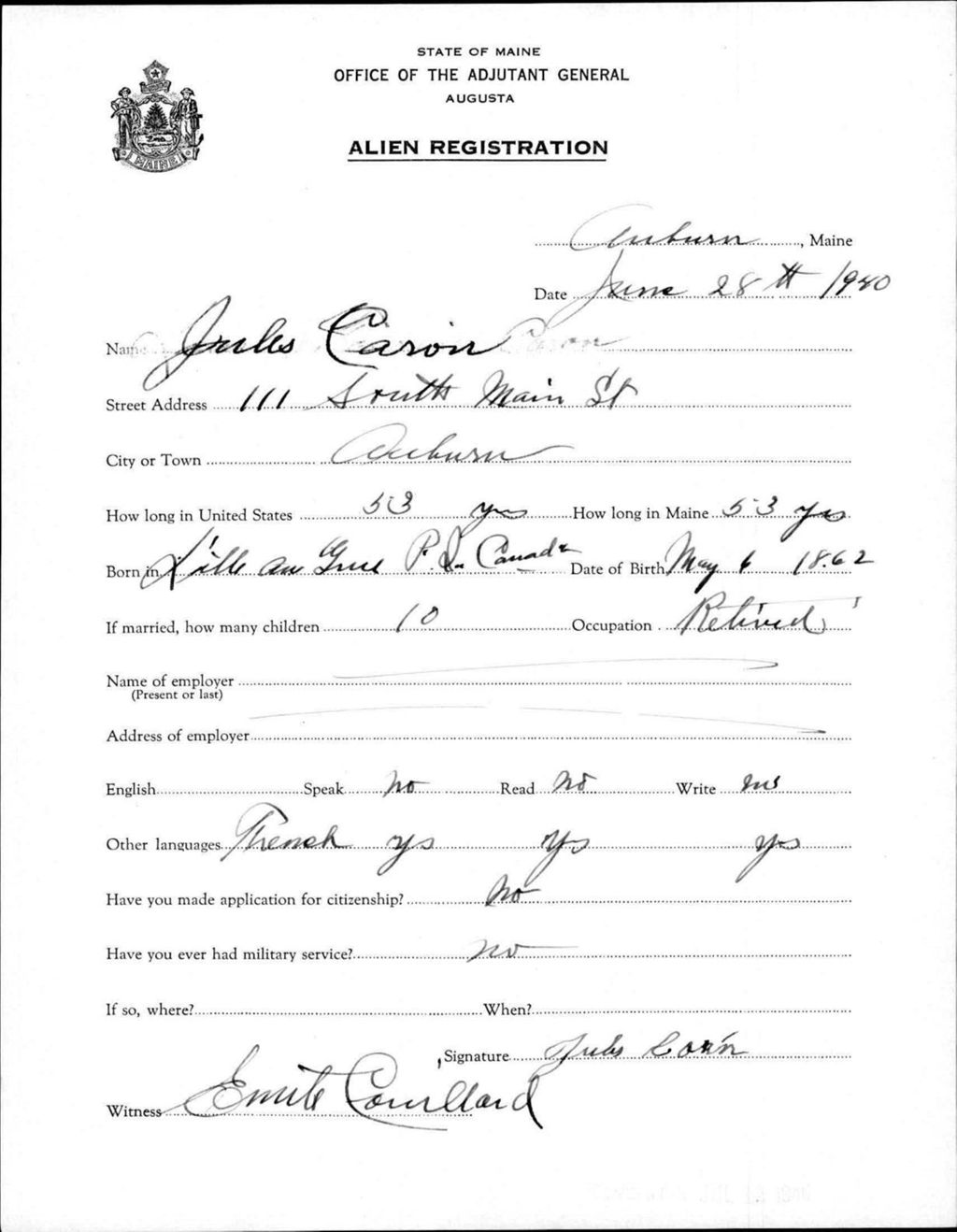 Miniature of Alien Registration- Caron, Jules (Auburn, Androscoggin County)