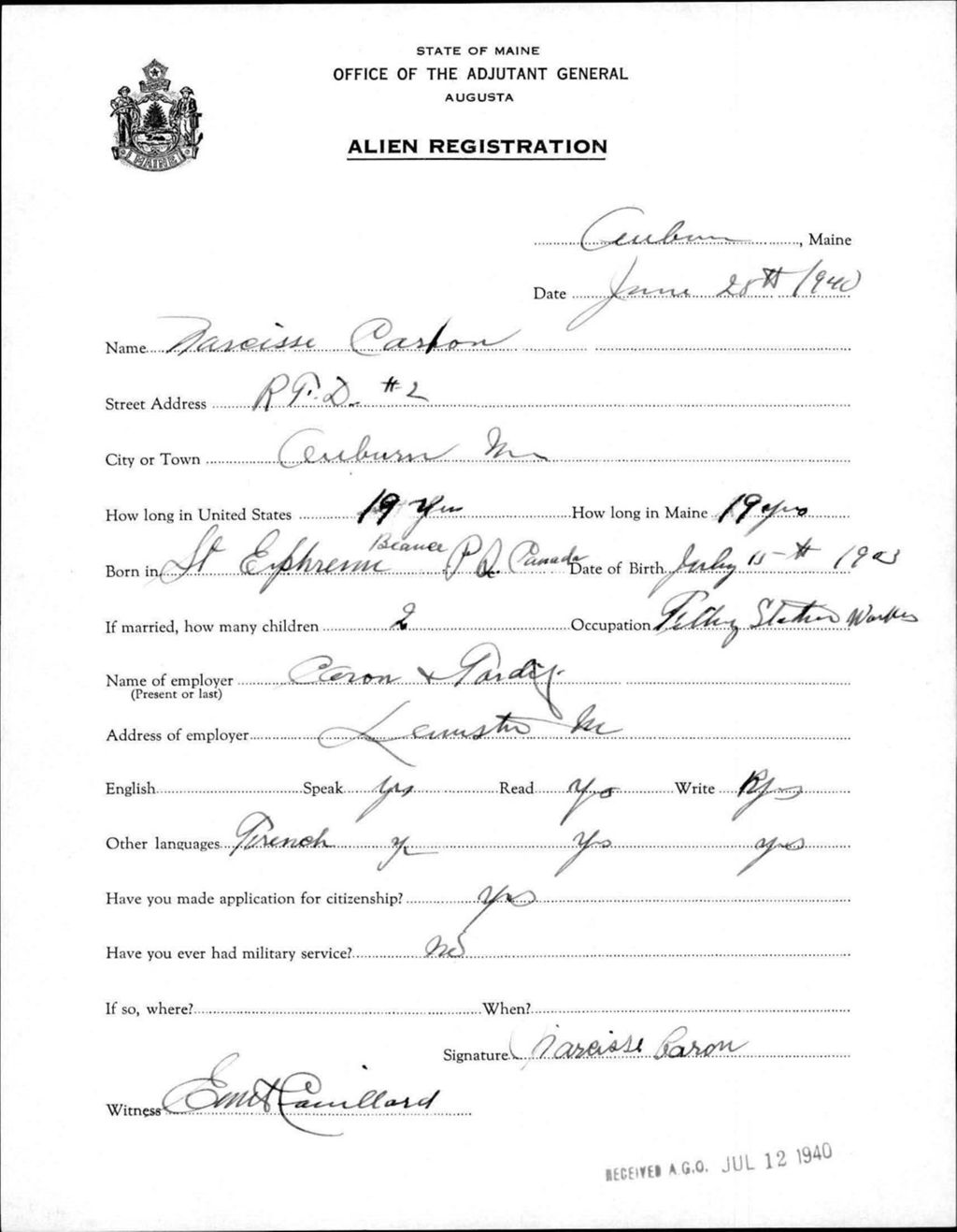 Miniature of Alien Registration- Caron, Narcisse (Auburn, Androscoggin County)