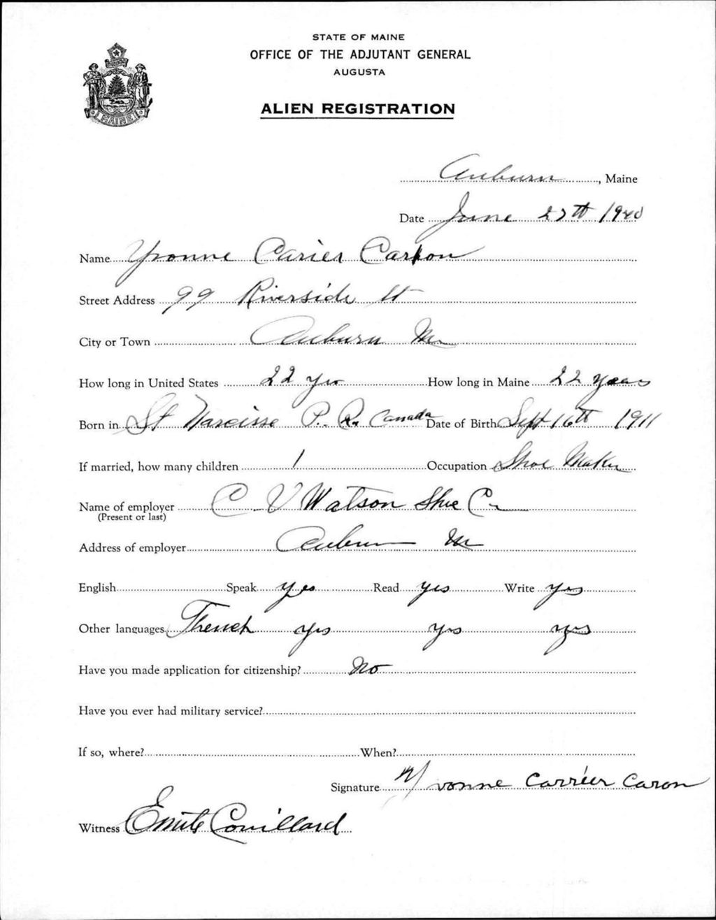 Miniature of Alien Registration- Carrier, Yvonne (Auburn, Androscoggin County)