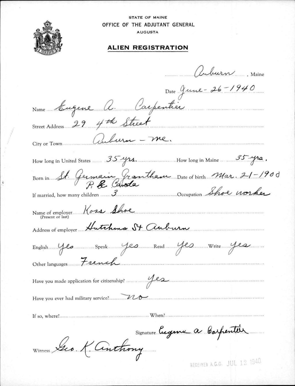 Miniature of Alien Registration- Carpenter, Eugene A. (Auburn, Androscoggin County)