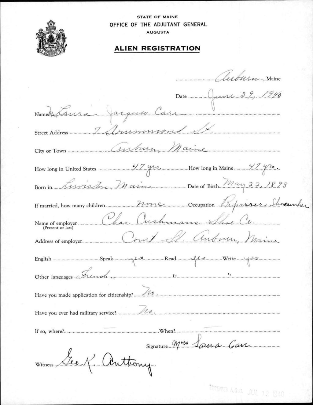Miniature of Alien Registration- Jacques, Laura (Auburn, Androscoggin County)