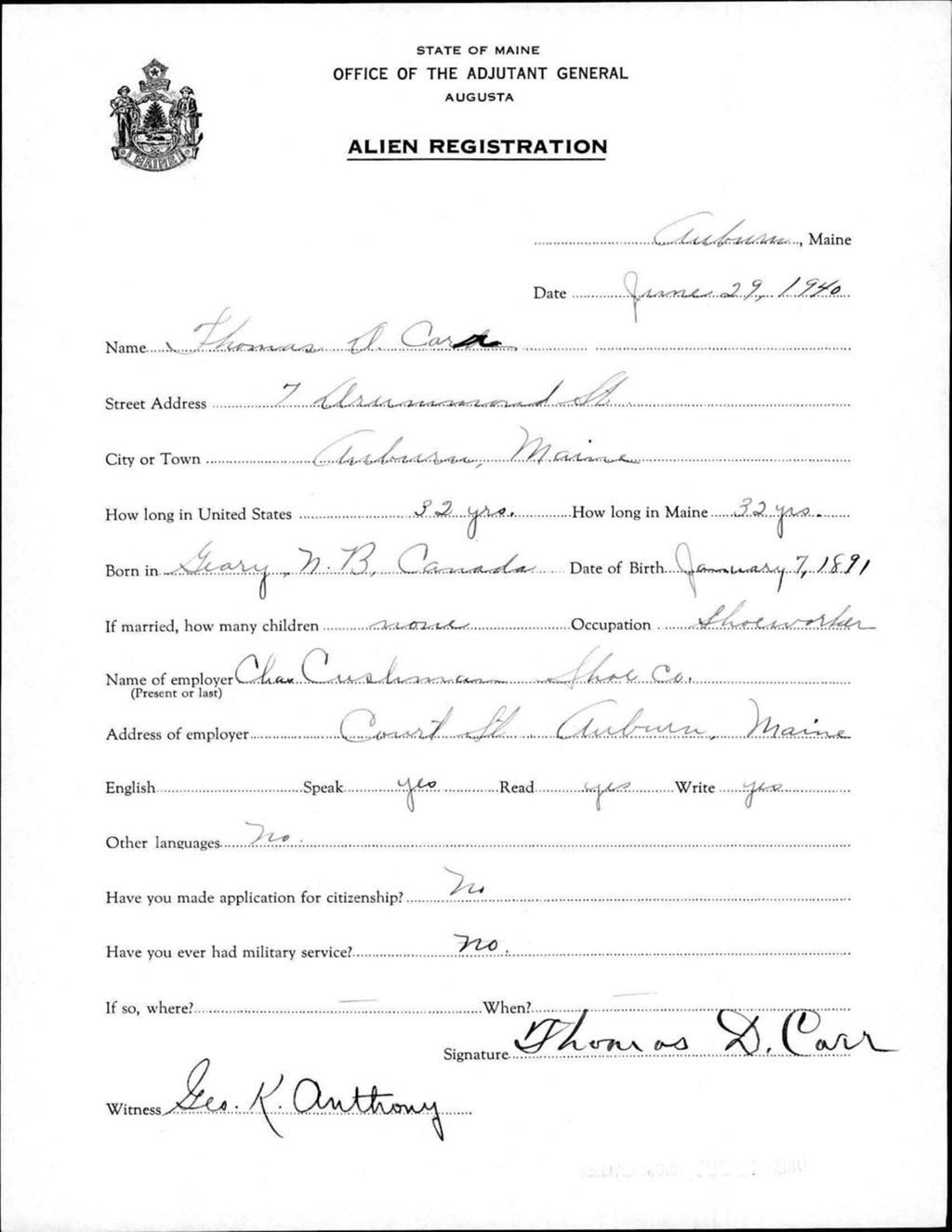 Miniature of Alien Registration- Carr, Thomas D. (Auburn, Androscoggin County)