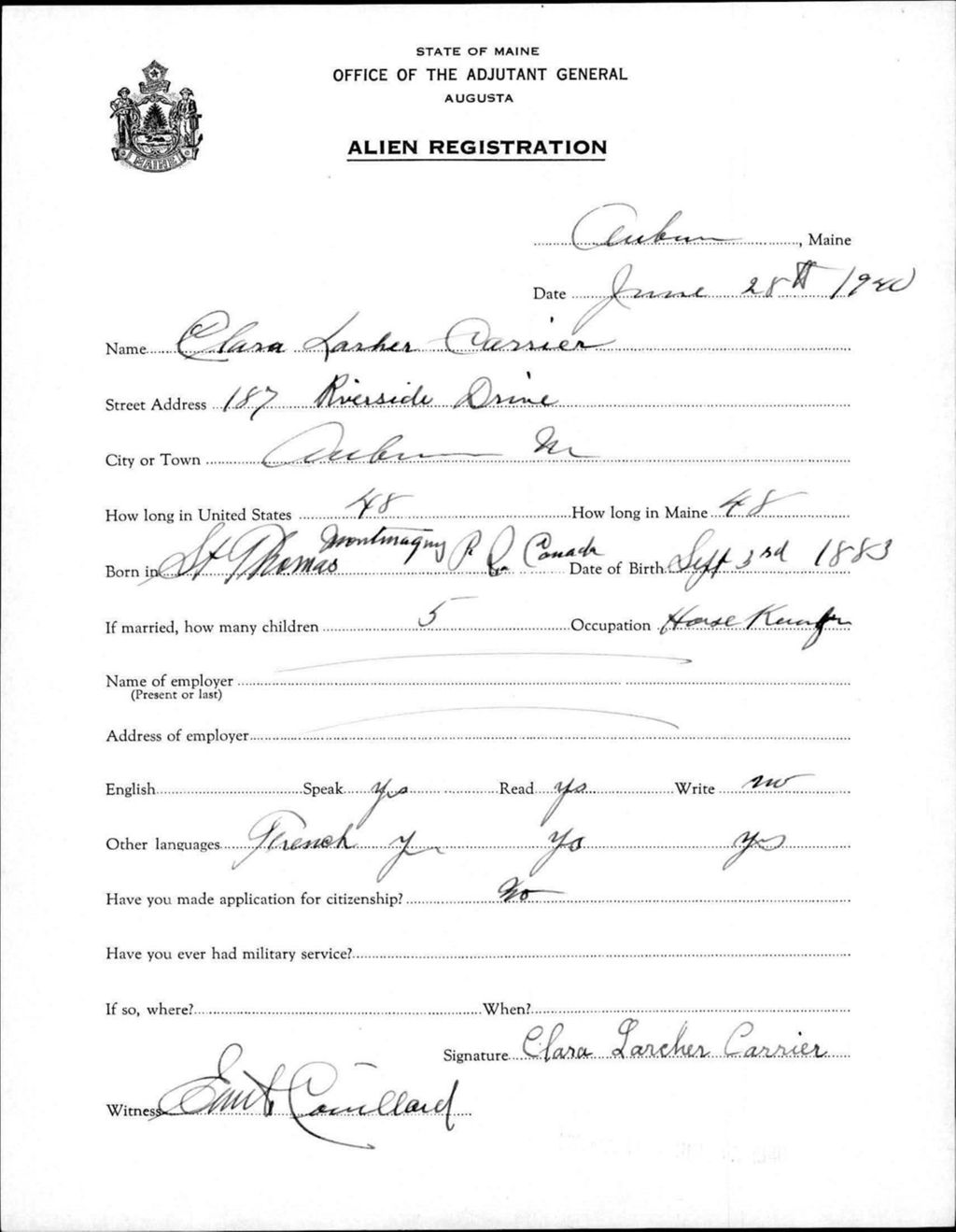 Miniature of Alien Registration- Larcher, Clara (Auburn, Androscoggin County)