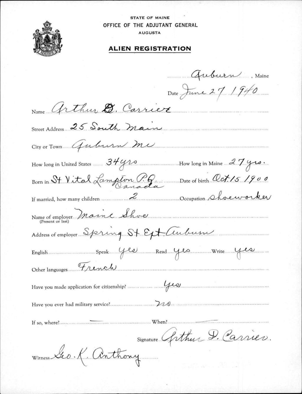 Miniature of Alien Registration- Carrier, Arthur D. (Auburn, Androscoggin County)