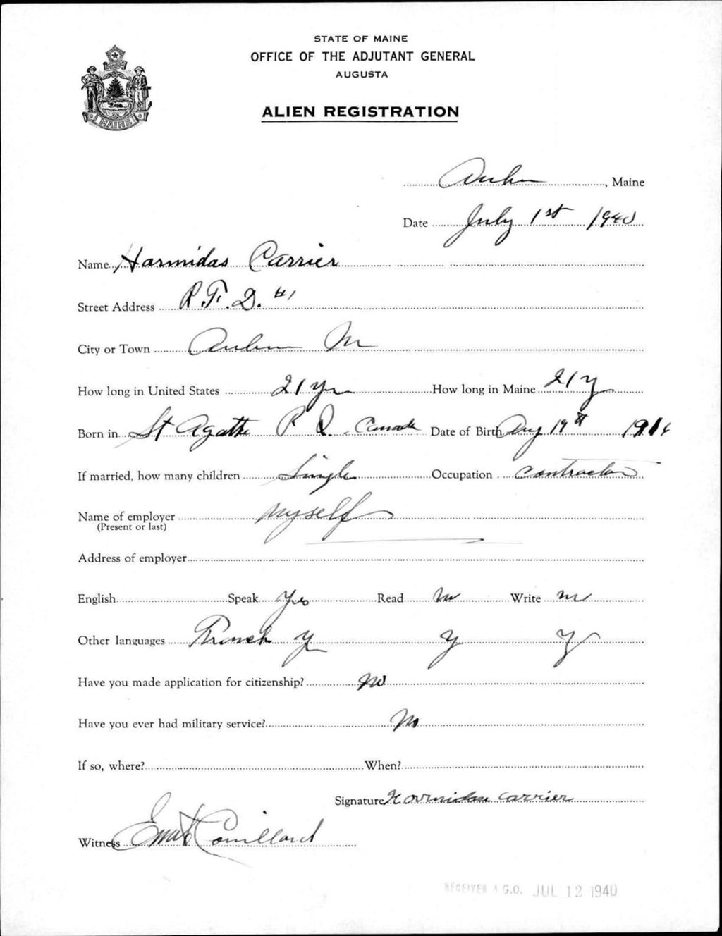 Miniature of Alien Registration- Carrier, Harmidas (Auburn, Androscoggin County)
