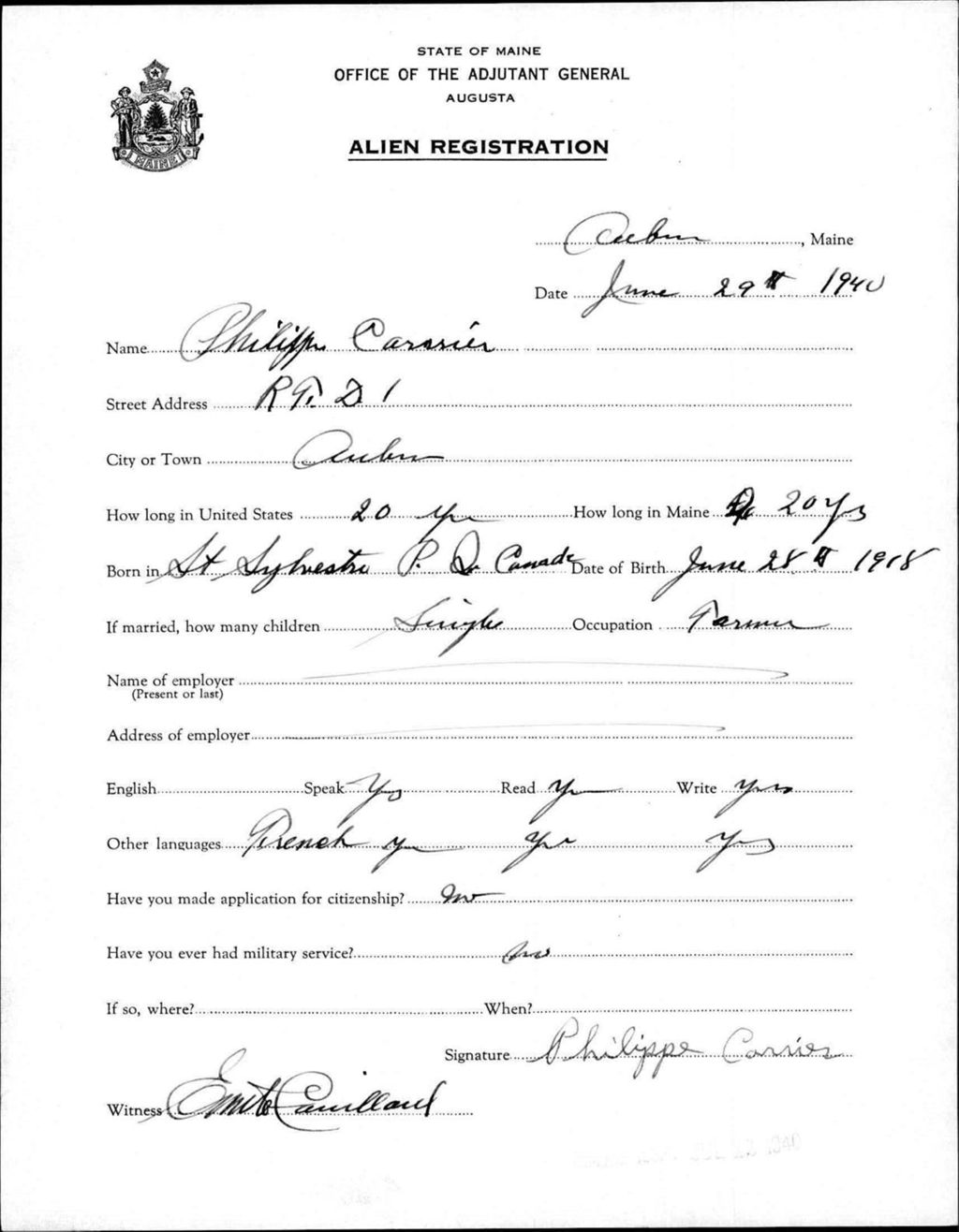 Miniature of Alien Registration- Carrier, Philippe (Auburn, Androscoggin County)