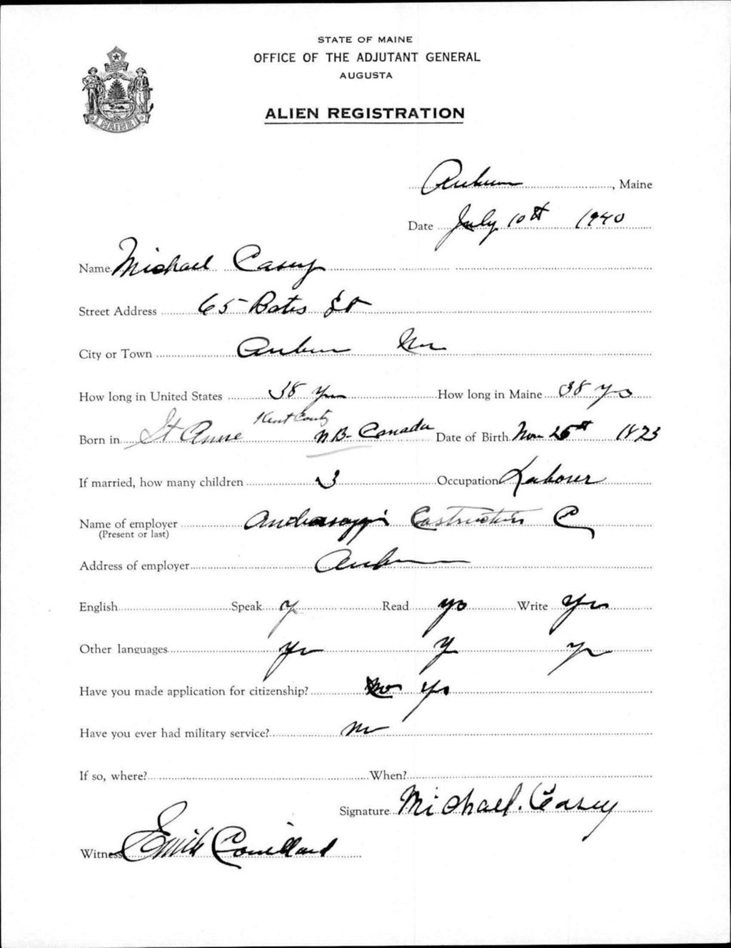 Miniature of Alien Registration- Casey, Michael (Auburn, Androscoggin County)