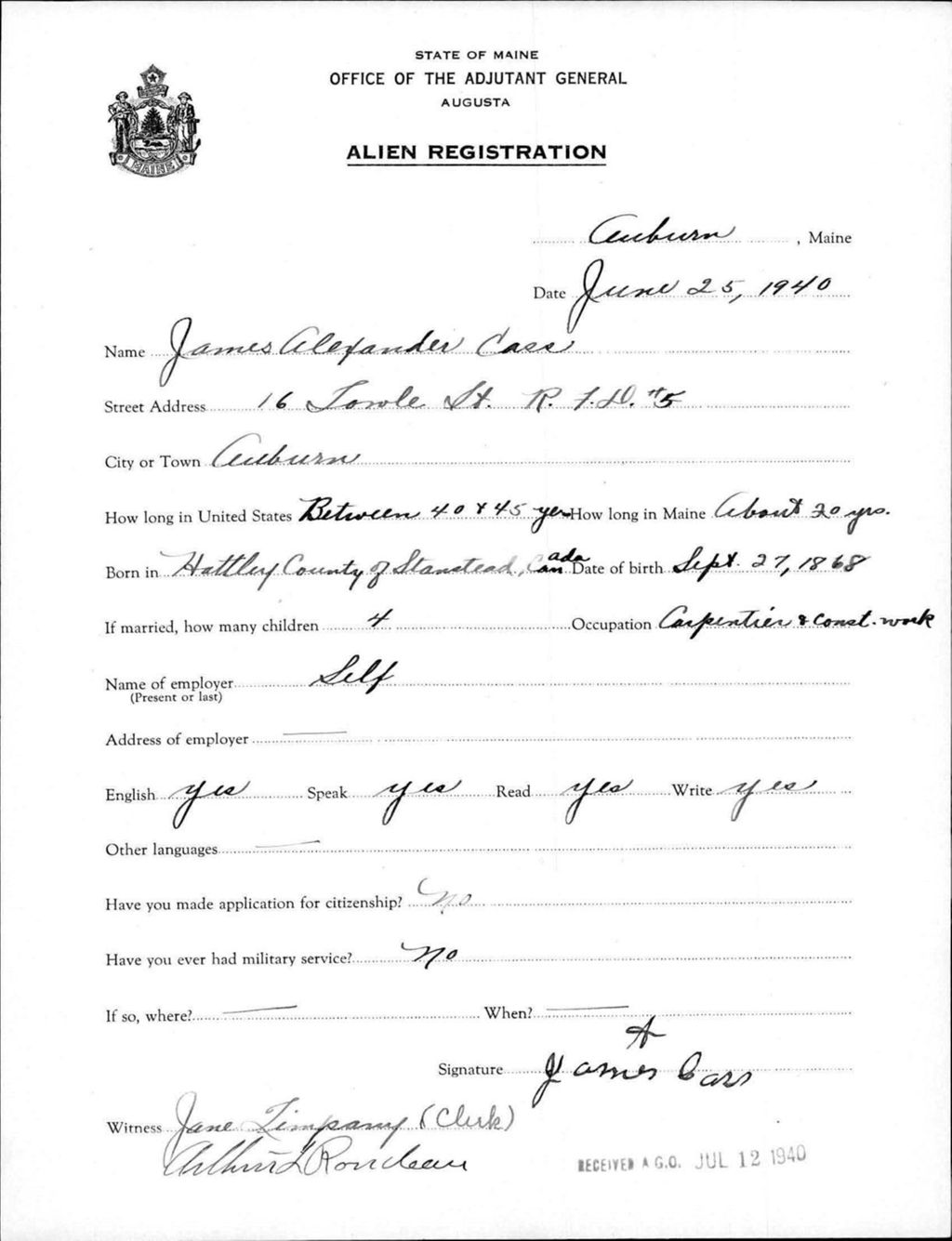 Miniature of Alien Registration- Cass, James A. (Auburn, Androscoggin County)