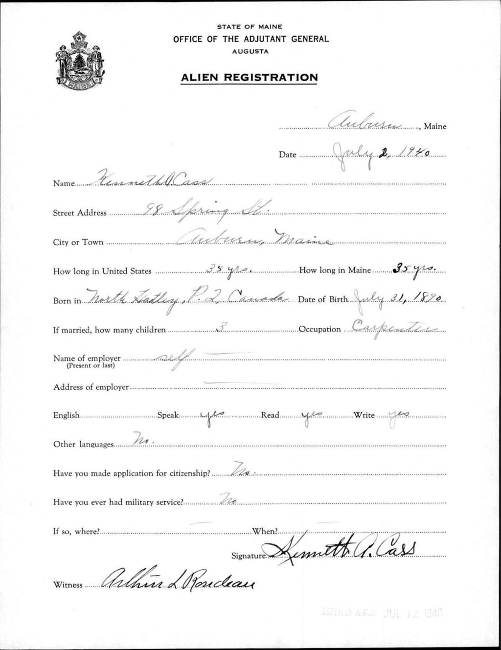 Miniature of Alien Registration- Cass, Kenneth A. (Auburn, Androscoggin County)