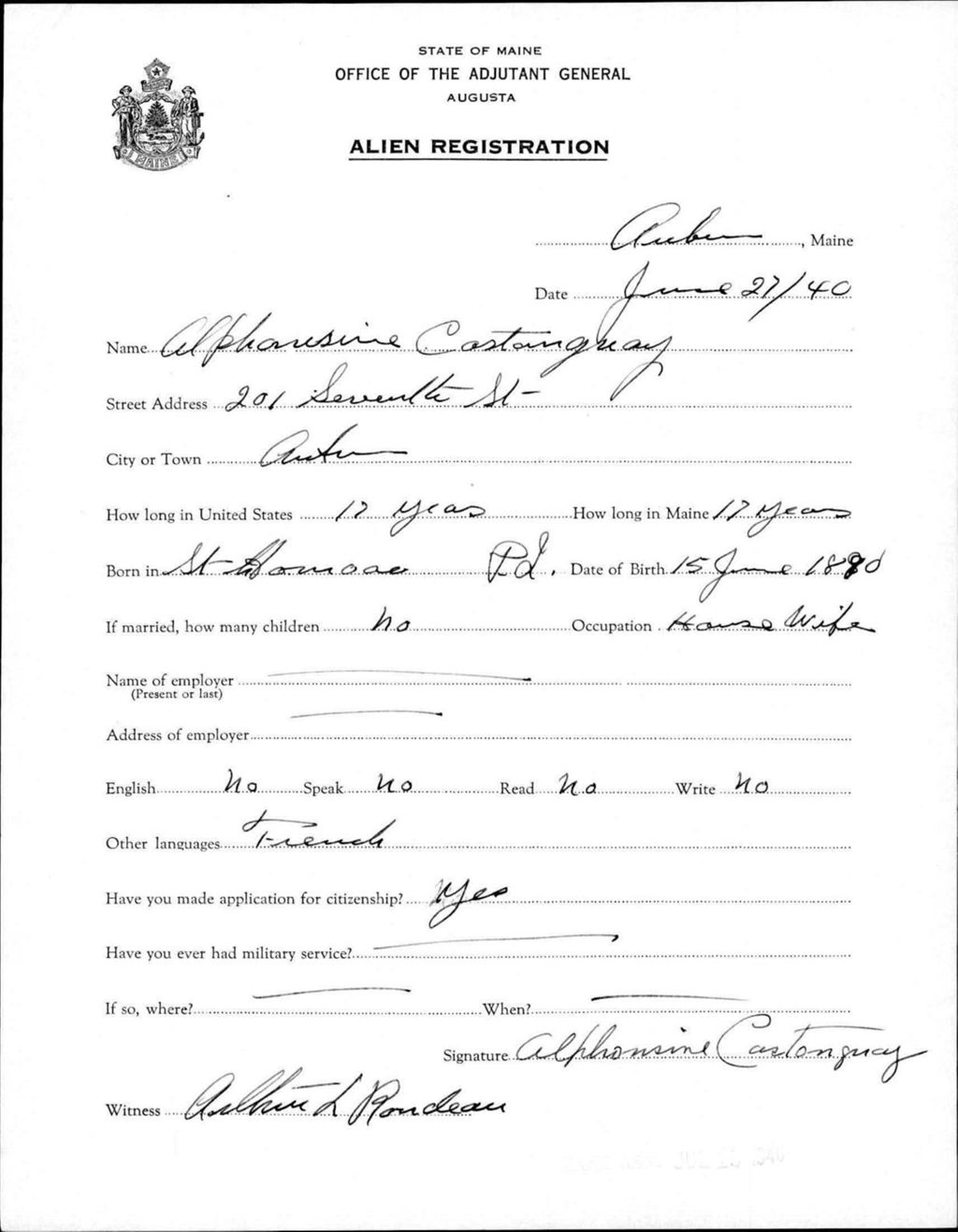 Miniature of Alien Registration- Castonguay, Alphonesine (Auburn, Androscoggin County)