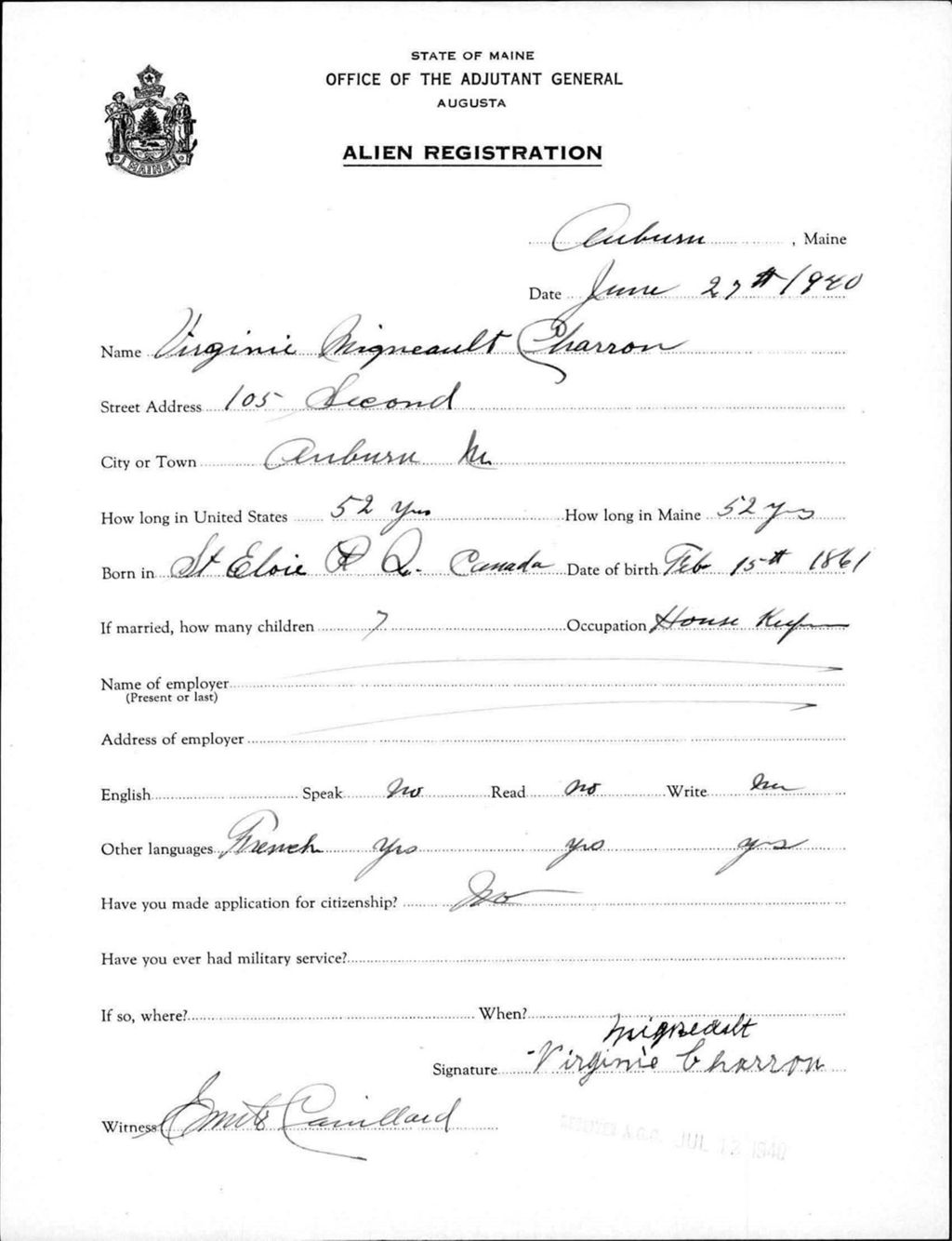 Miniature of Alien Registration- Migneaualt, Virginie (Auburn, Androscoggin County)